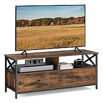 VASAGLE Mobile TV, Tavolino Porta TV fino a 55 Pollici, con 2 Cassetti, 2 Scomparti Aperti, 120 x 40 x 50 cm, Soggiorno, Camera da Letto, Struttura in Acciaio, Marrone Vintage e Nero LTV300B01