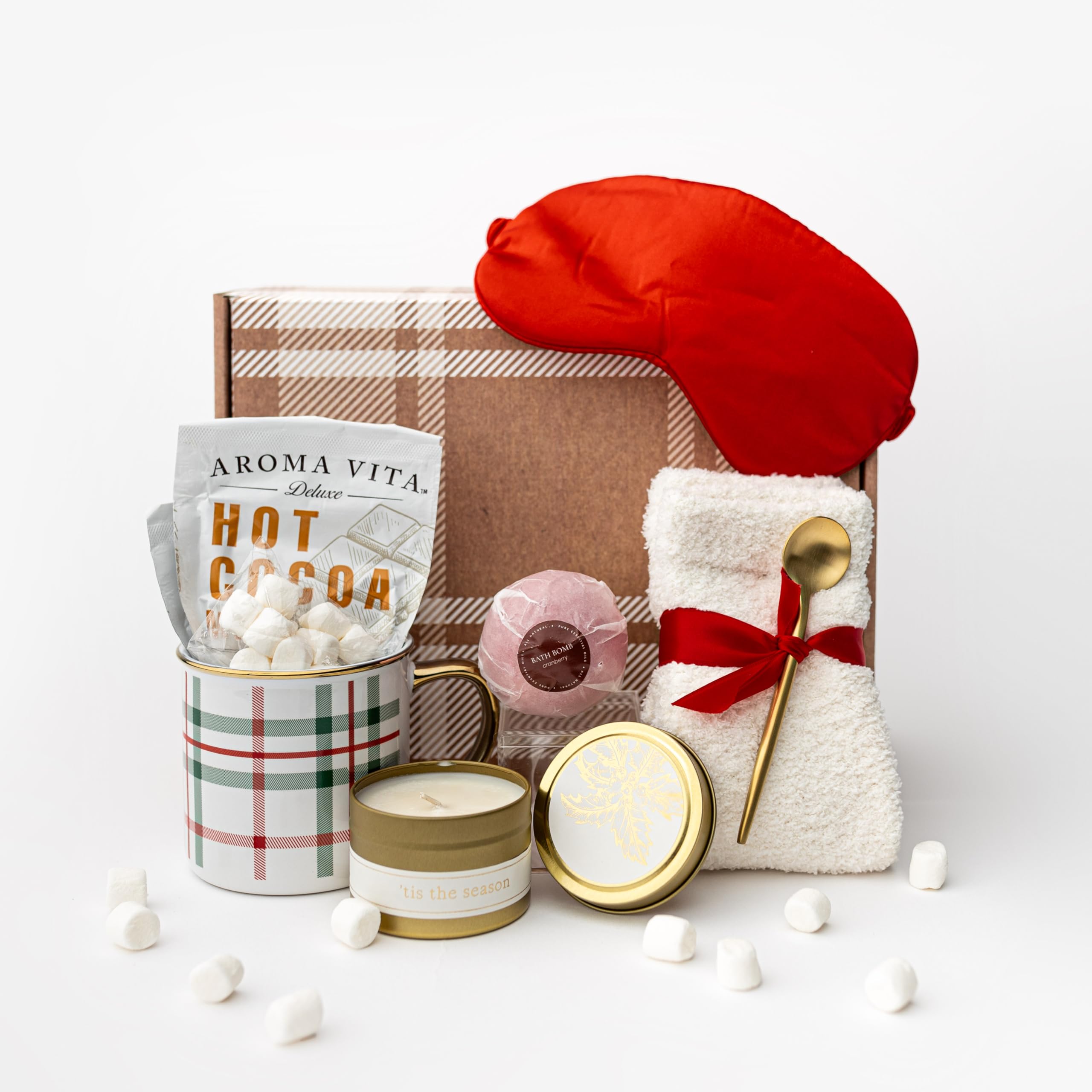 Christmas Gift Box Set, Women's Holiday Basket with Hot Chocolate Mix, Mug, Cozy Socks, Bath Bomb, Hot Cocoa, Spa Gift Box for Women