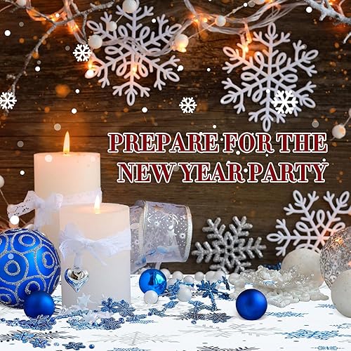 Miniatura 3 de Kinlop 12 manteles de invierno con copos de nieve a granel, de plástico, azul y blanco, mantel de invierno con diseño de país de las maravillas, 54