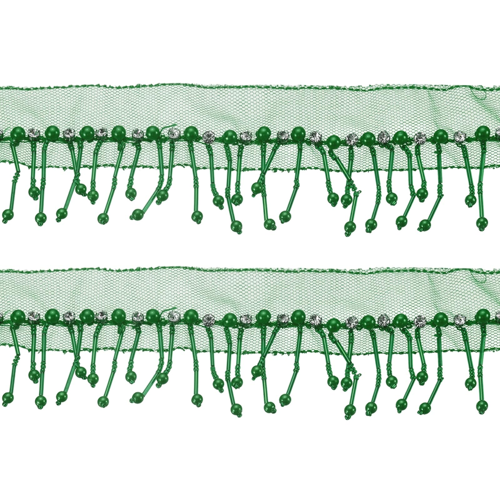 PATIKIL 1 Yard 2.5 Inch Rhinestone Pearl Fringe Trim, Rhinestone Fringe Trim Pearl Crystal Tassel Ribbon for Sewing Clothing Wedding Handbags Lamp Shade Home Decor DIY Crafts, Dark Green