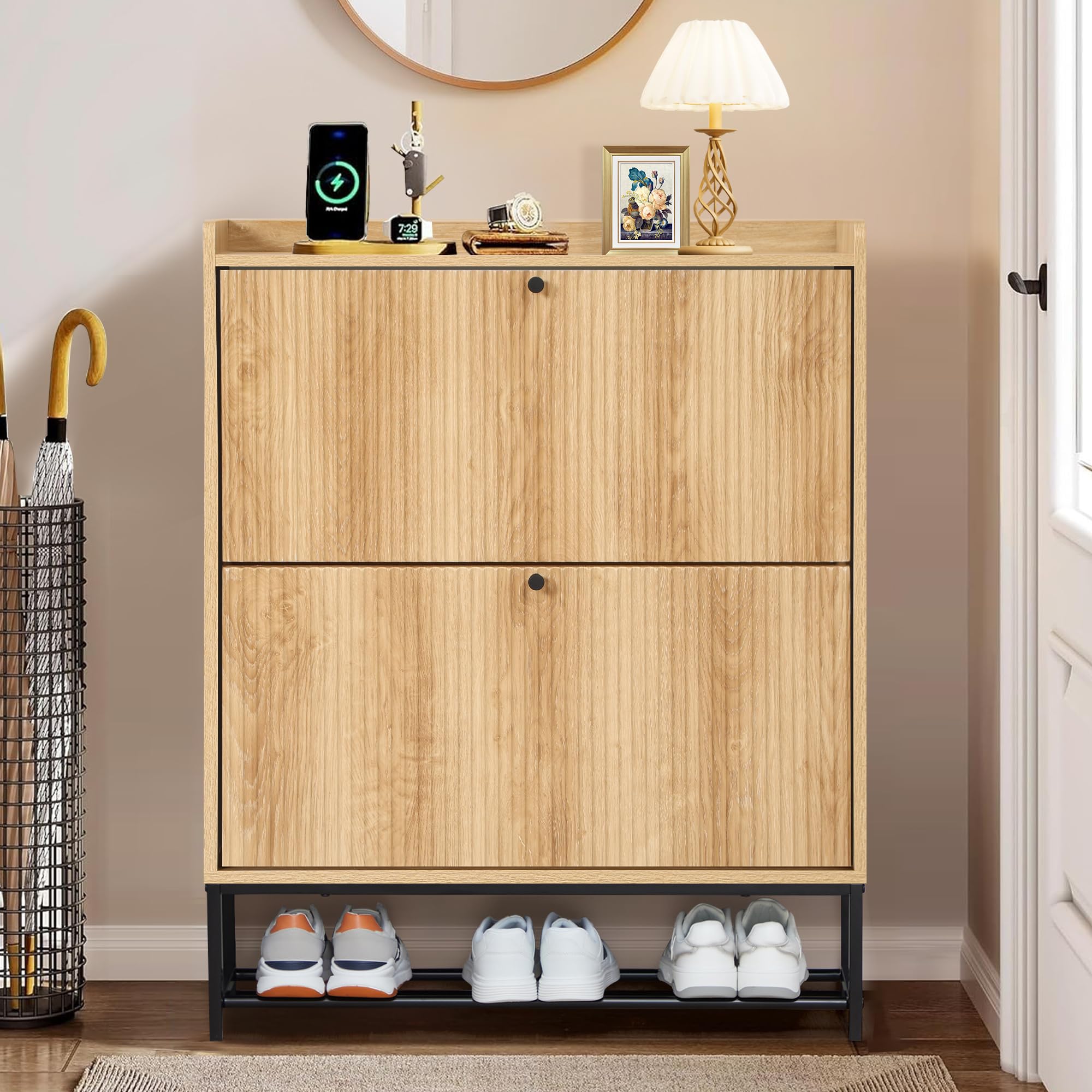 Pattern Shoe Cabinet - Organizador de almacenamiento de doble capa, doble puerta, diseño moderno y duradero con estantes ajustables