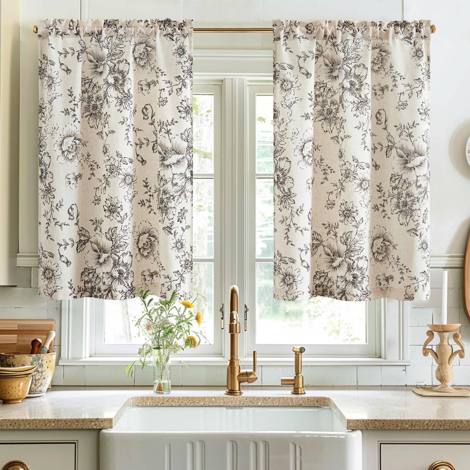 TOPICK Visillos de lino con flores, cortinas de cocina, estilo rústico, modernas, cortas, para salón, baño, ventanas, puertas cortas, juego de 2 unidades, 65 cm de ancho x 90 cm de alto, color negro