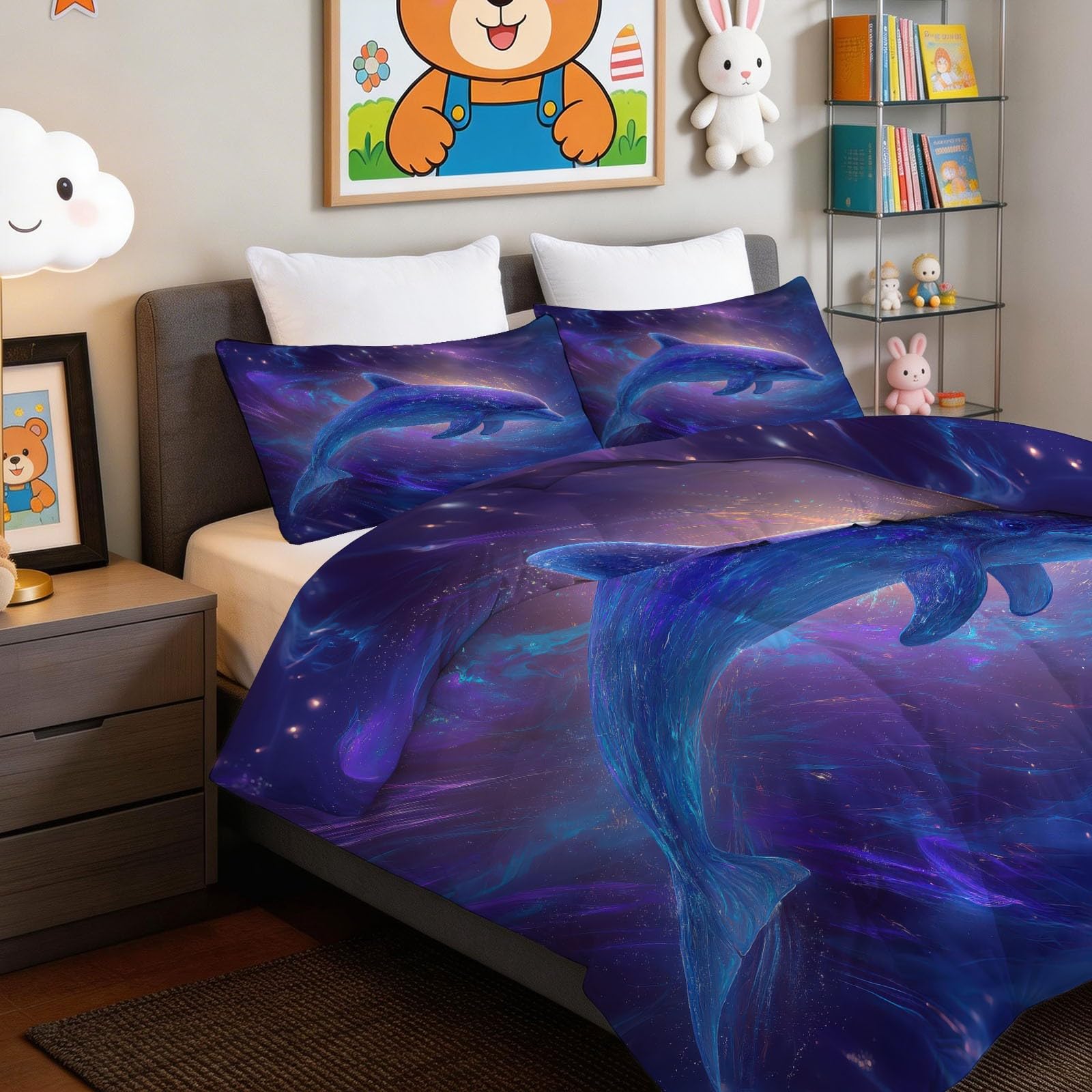 Générique Viola 200 x 200 cm Piumino 4 stagioni Animale Fantasia Delfino Cielo Stellato Trapunta Estate per Letto 2 Persone, Rami Grigii Edredon Legere, Reversibile Lavabile Piumone Senza Houss
