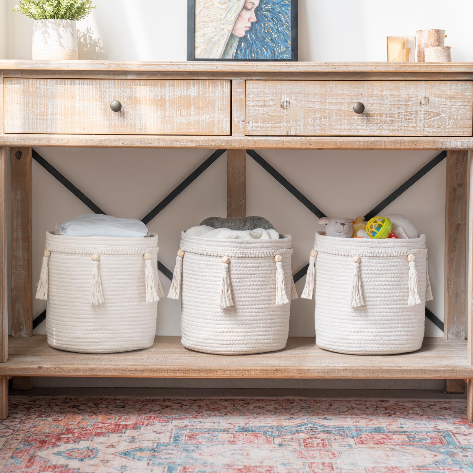 Mkono Cestini portaoggetti in macramè Boho Decor Box fatto a mano in tessuto decorativo piano di lavoro WC mensola armadio organizer per camera da letto scuola materna soggiorno, set da 2, marrone