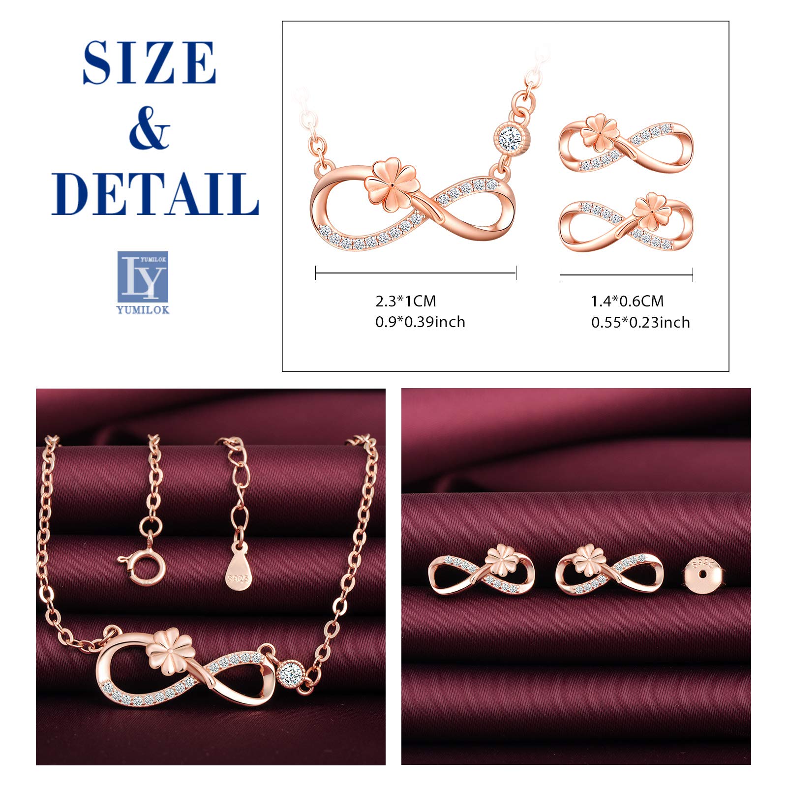 Yumilok Conjunto de collar y pendientes, collar con colgante de trébol de plata 925 y símbolo de infinito y pendientes, joyería para mujeres y niñas, incrustaciones de circonita cúbica