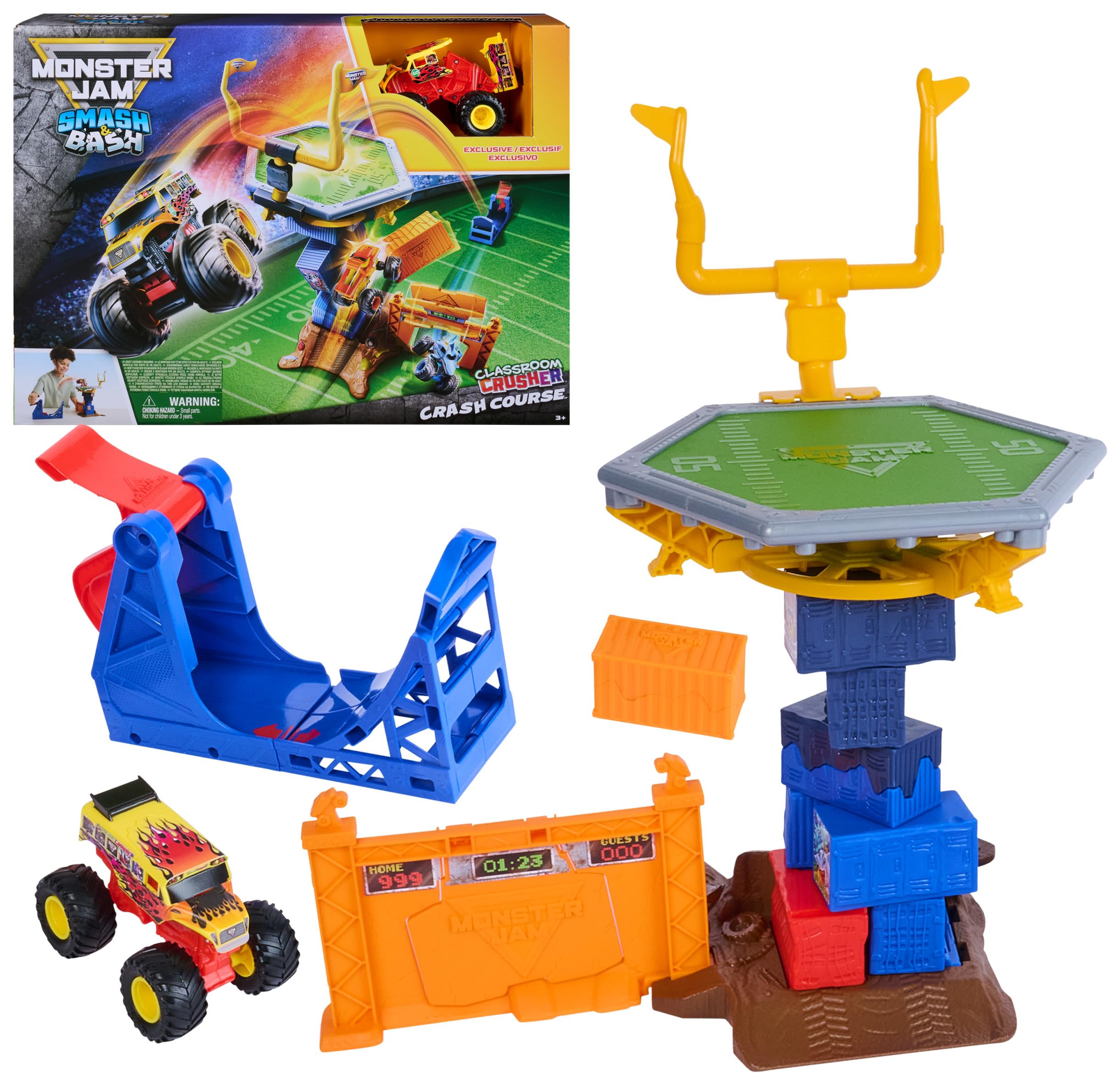 Monster Jam Smash & Bash Crash Course Playset with Launcher, Exclusive 1:64 Scale Monster Truck, 16-inch Obstacle Tower with Trampoline, Kids Toys for Boy and Girls Ages 3 and up