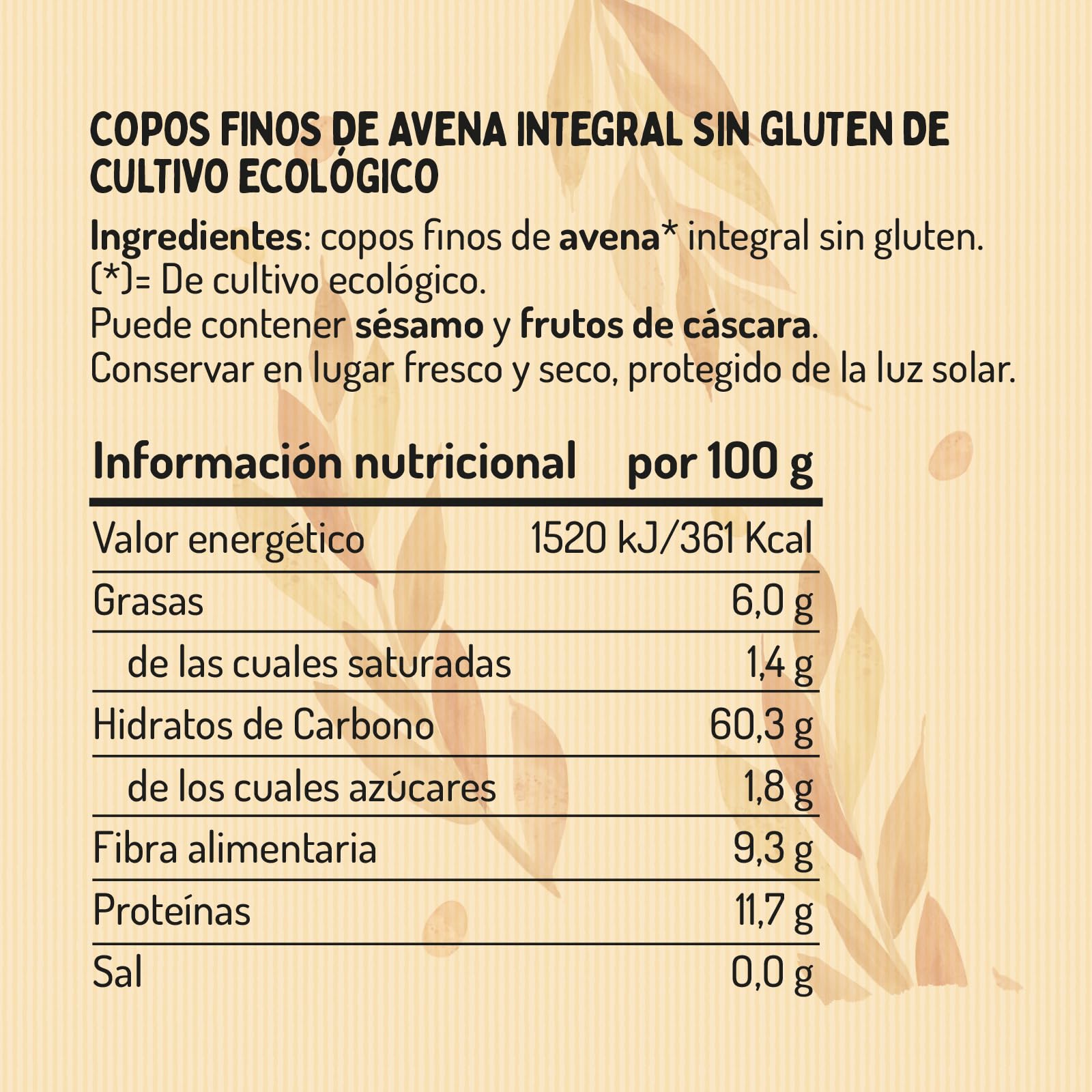 Copos Suaves de Avena Integral Ecológica El Granero Integral 500 g Sin Azúcar Sin Gluten Vegano Alto en Fibra