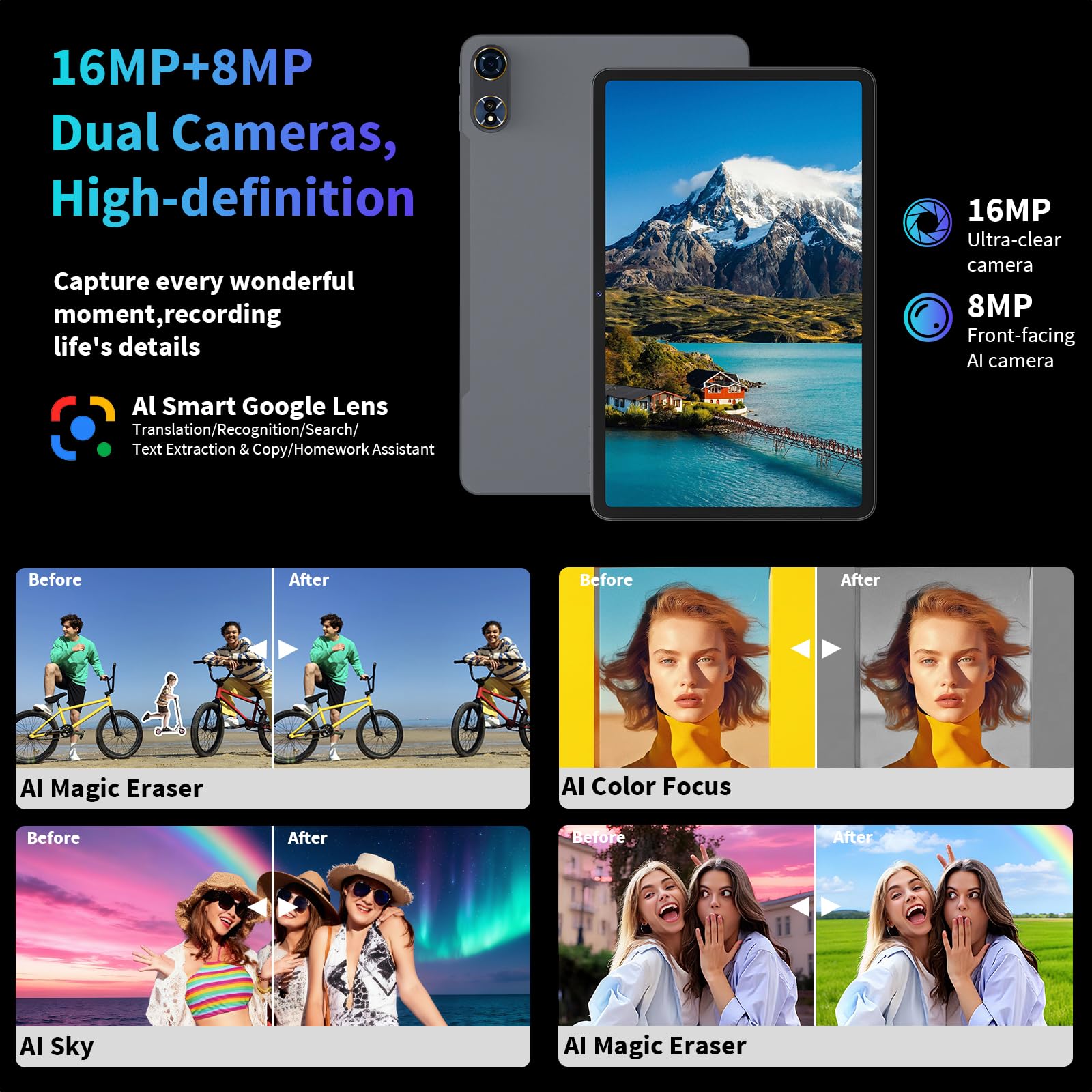 Tablet Android 16 da 12 pollici 2026 con tastiera, 24 GB+256 GB+2 TB espandibile, tablet PC 2K con Gemini AI, Octa-Core, 8000 mAh, 120 Hz 2000 x 1200, GPS, GMS, tablet grandi 2 in 1 con custodia