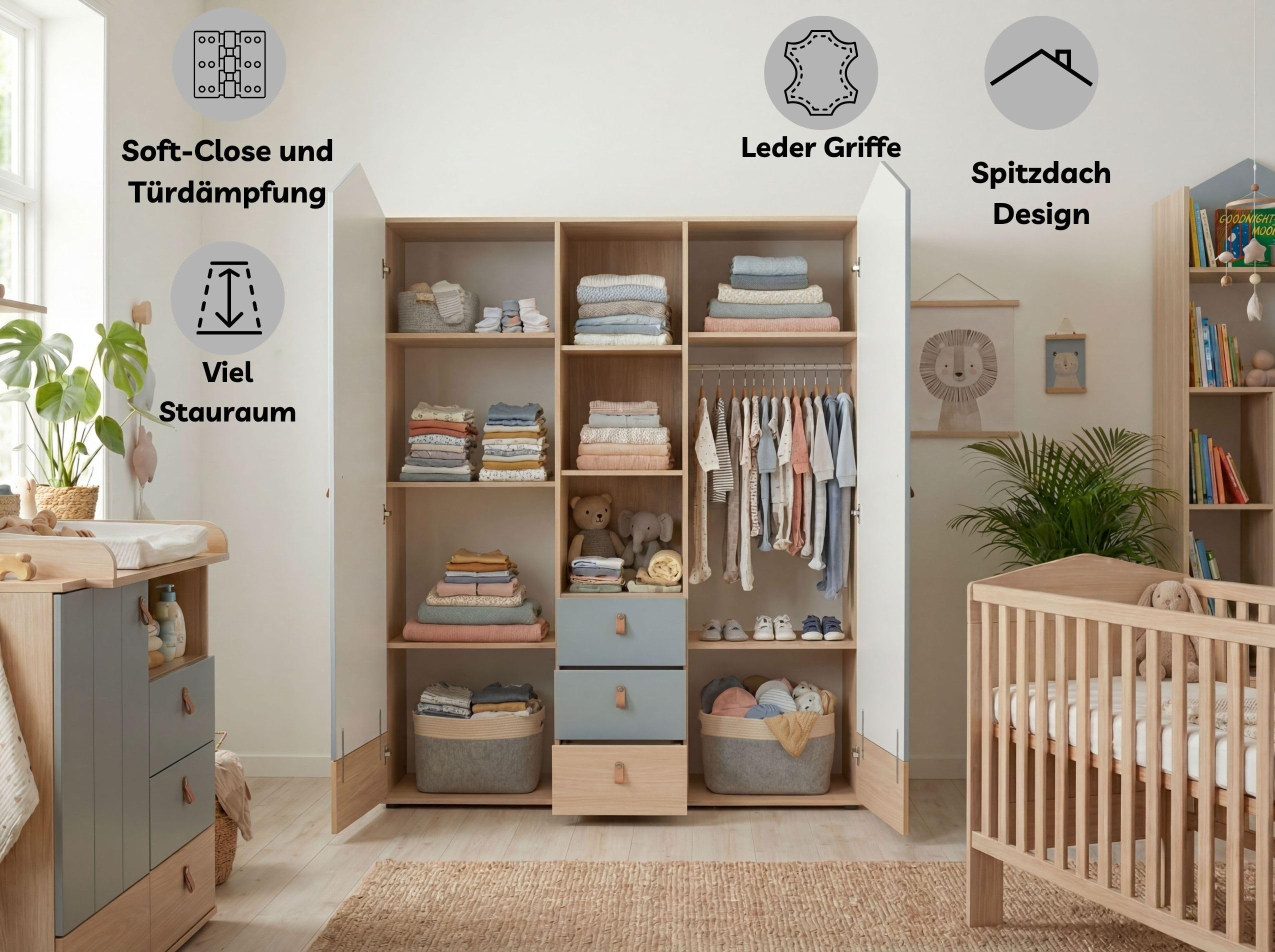 Roofy Babyzimmer Set 6-TLG – inkl. Babybett (umbaubar), Wickelkommode & Kleiderschrank – Made in Germany, Soft-Close – Skandi-Look in Salbei/Nagano Eiche