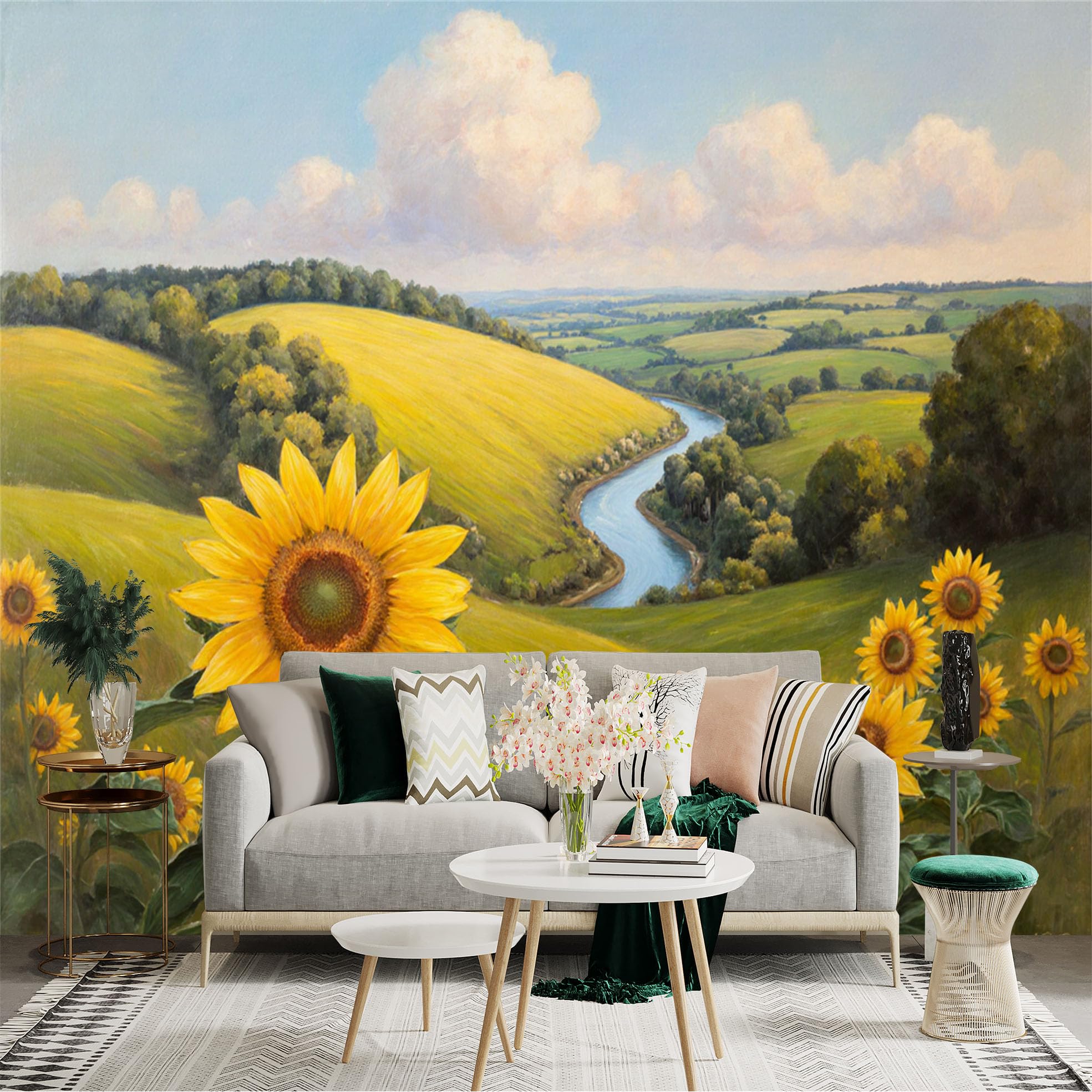 Custom Size Wall Sticker Mural， Golden Sunflower Field， Peaceful Winding River， Rolling Green Hills， Scenic Rural Landscape， for wall Decoration， peelandstick wall Decals.