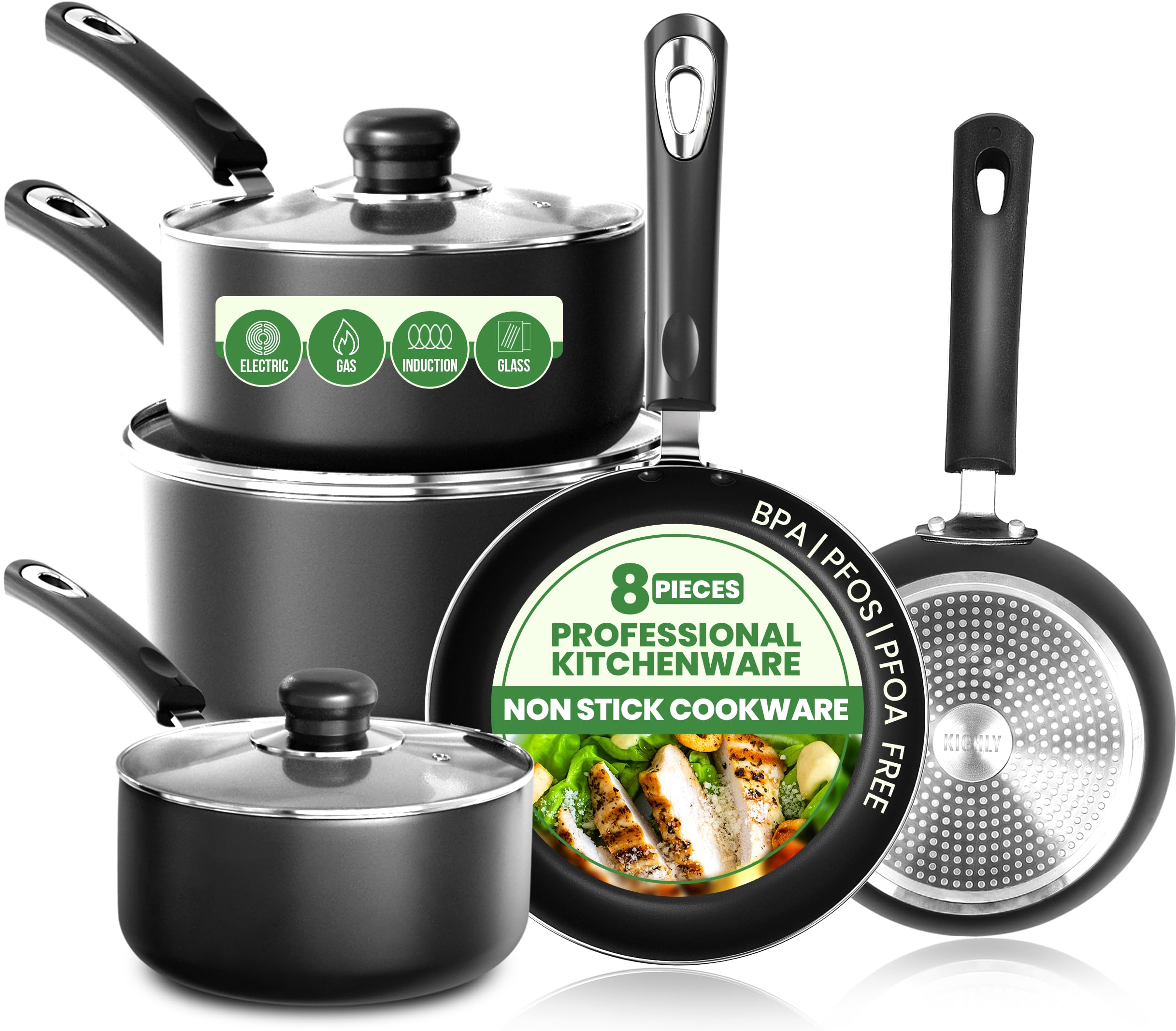 KICHLY 8 Pieces Pots and Pans Set, Non Stick Kitchen Cookware Set, Induction Frying Pans 20cm, 28cm, Saucepan with Lids 20cm, 18cm, Non Induction Saucepan 16cm, Pots and Pans Set Nonstick, Black