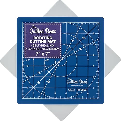 The Quilted Bear Alfombrilla de corte giratoria de 7 x 7 pulgadas, tabla de cortar autorreparable con bloqueo y rotación para costura, tela y Azul