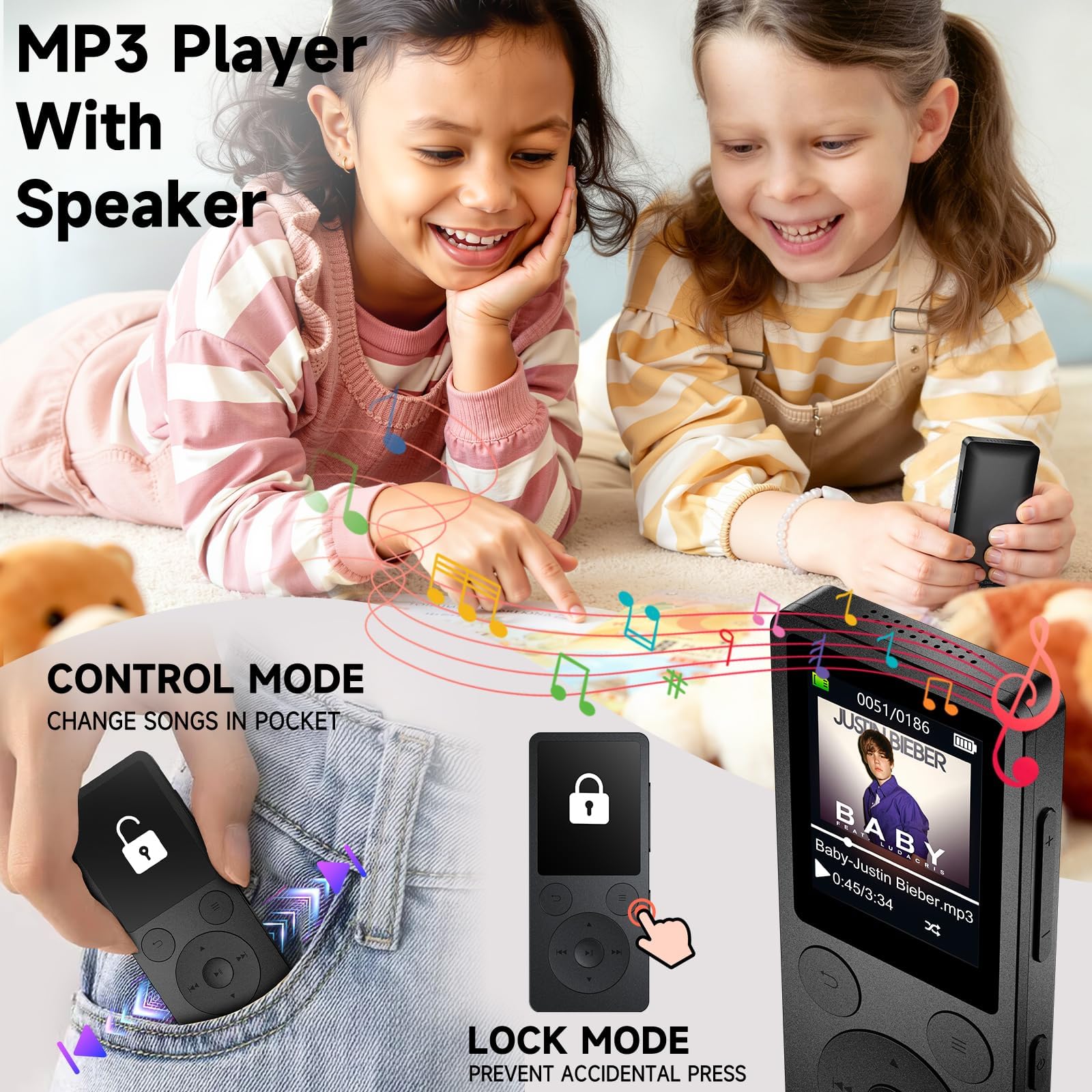 64GB MP3 Player Bluetooth 5.3 & Lautsprecher – Upgrade mit physischen Tasten (Zurück, Menü, Lautstärke), Nur 37g mit Kopfhörer FM Radio Diktiergerät Mini-Design HiFi-Sound, bis zu 128G