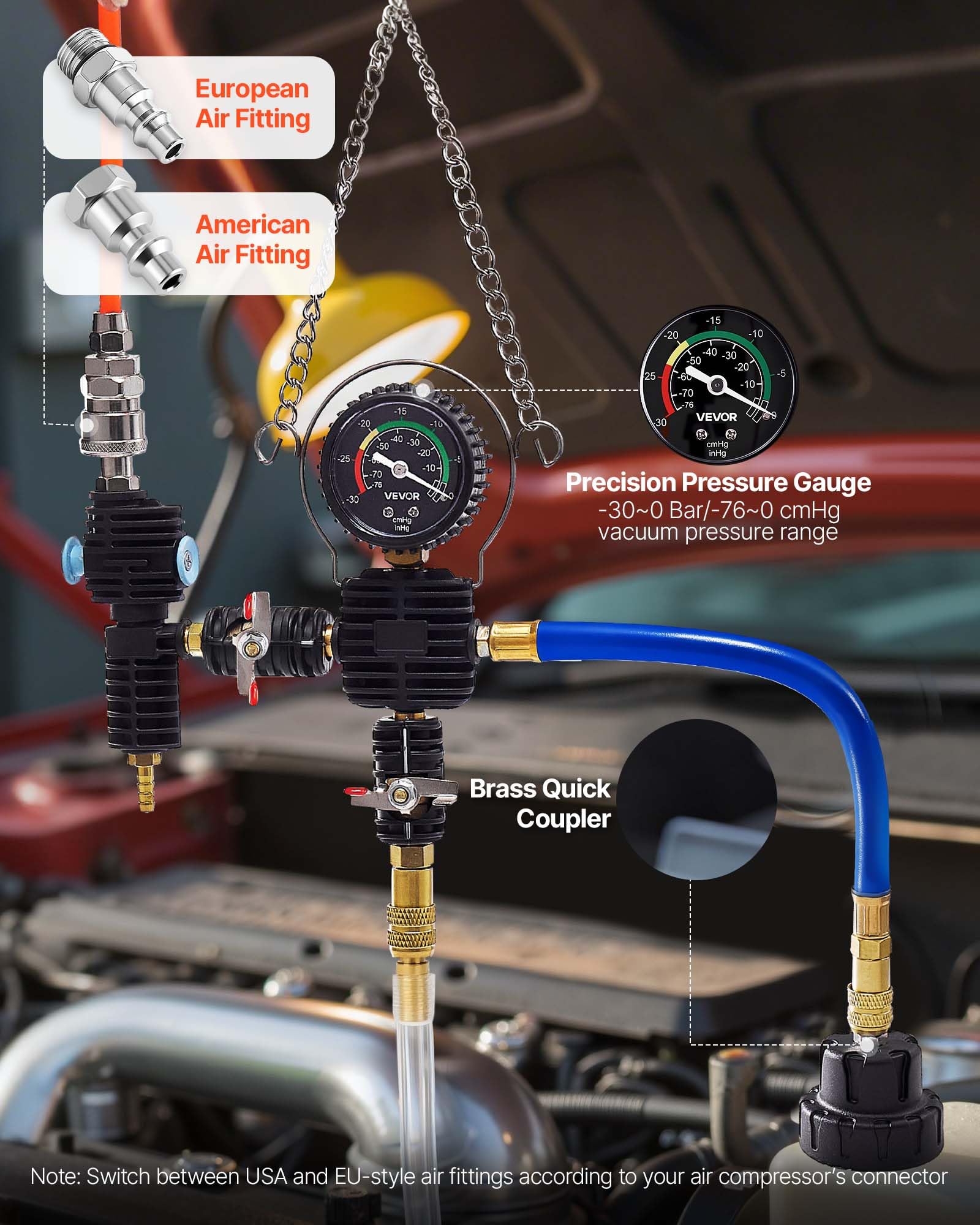 VEVOR Kit di Tester Manometri per Sistema di Raffreddamento da 47 Pezzi, Kit per Prova di Pressione del Radiatore con 3 Adattatori in Metallo, Misura Universale, Strumento di Prova per Autoveicoli