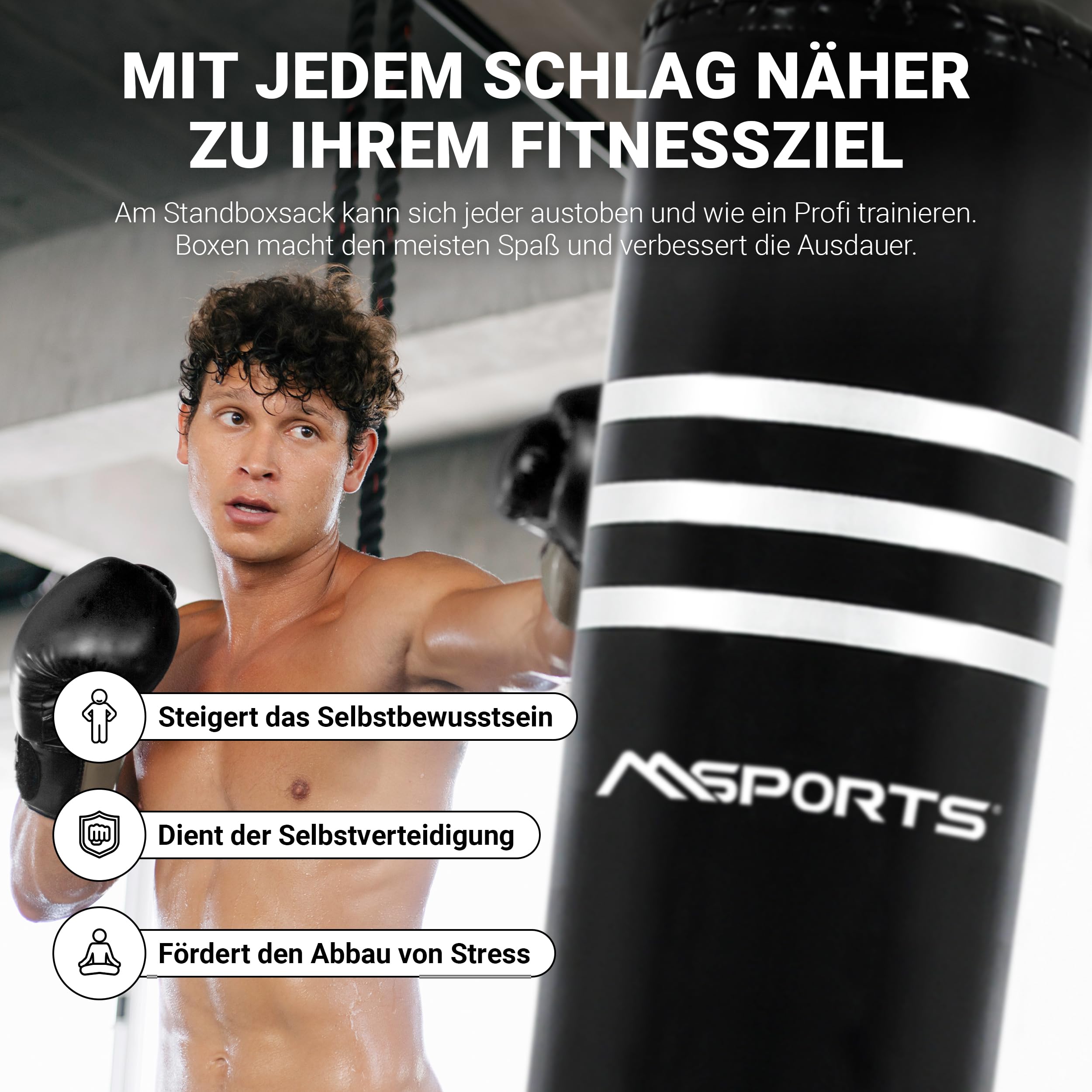 MSPORTS Worek bokserski premium wolnostojący – worek bokserski z podstawą, worek bokserski do domu i fitnessu, kickboxingu, MMA i treningu siłowego, wytrzymała podstawa i trwały materiał