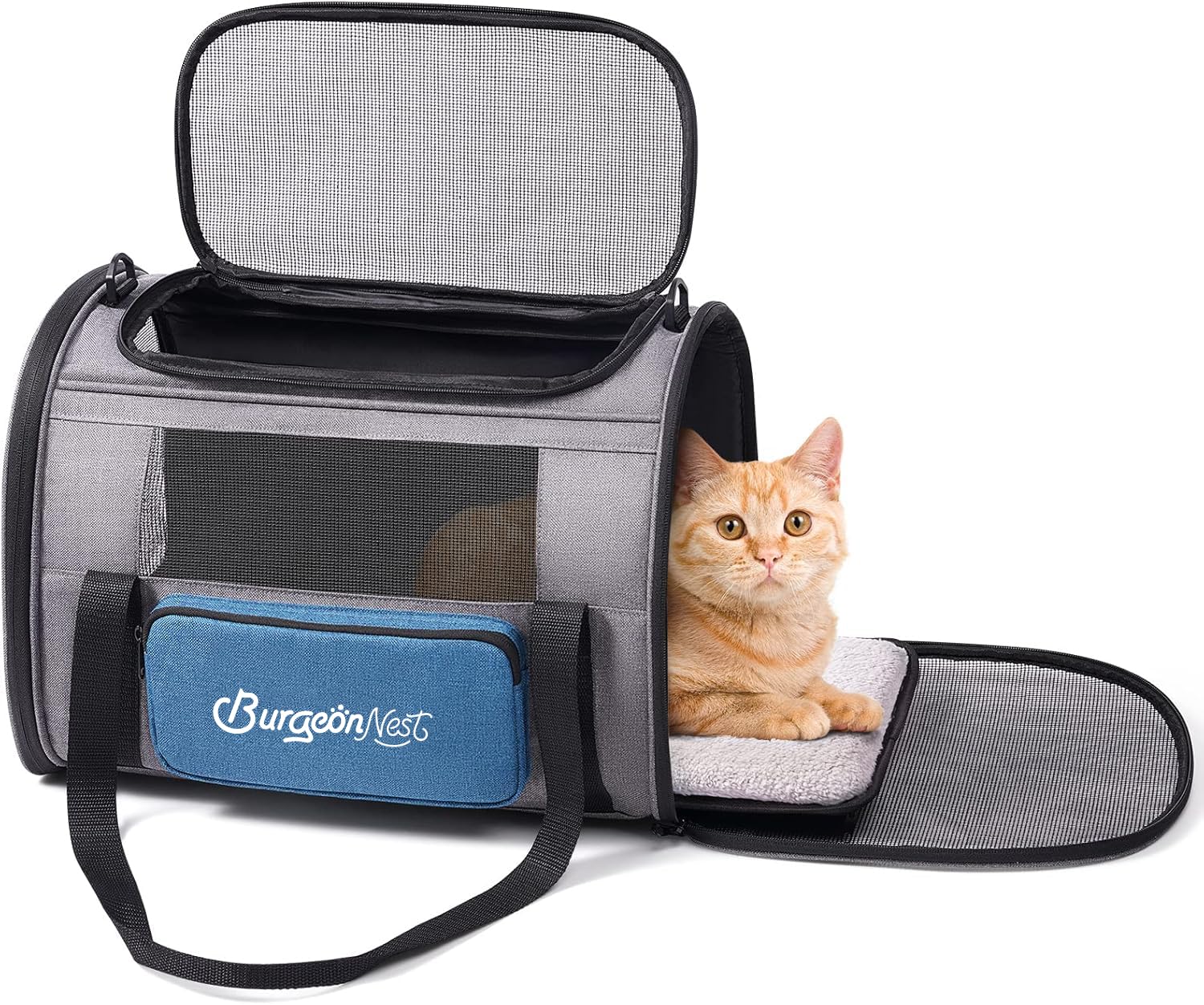 BurgeonNest Cat Carrier, Airline Approved Dog Carrier, Soft Sided Cat Pet Carrier for Small Medium Cats Dogs Under 10 lbs with Side Bag, Collapsible Travel Kitten Puppy Carriers, Blue