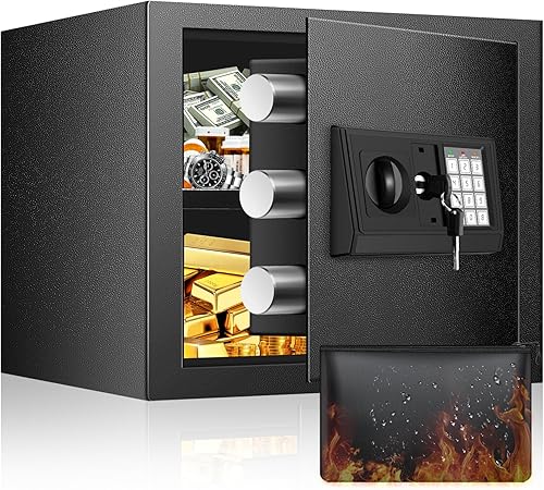 Caja fuerte de 9.84 pulgadas de alto, caja fuerte para el hogar de 2.5 pies cúbicos con bolsa impermeable ignífuga, caja de seguridad digital