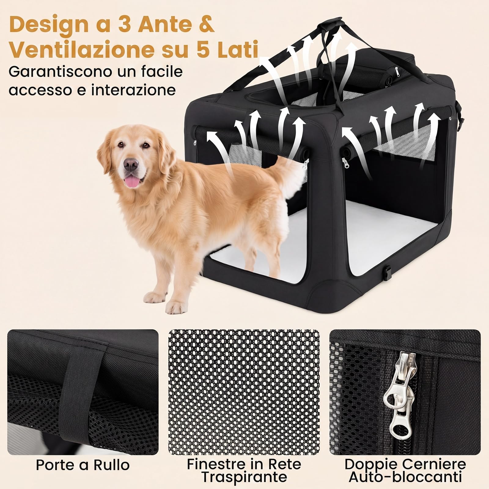 COSTWAY Trasportino per Cani e Gatti, Borsa per Cani Pieghevole e Traspirante con Morbido Cuscino, Parte Superiore Apribile, 2 Tasche Portaoggetti e 2 Manici per Animali Domestici (L,Nero)