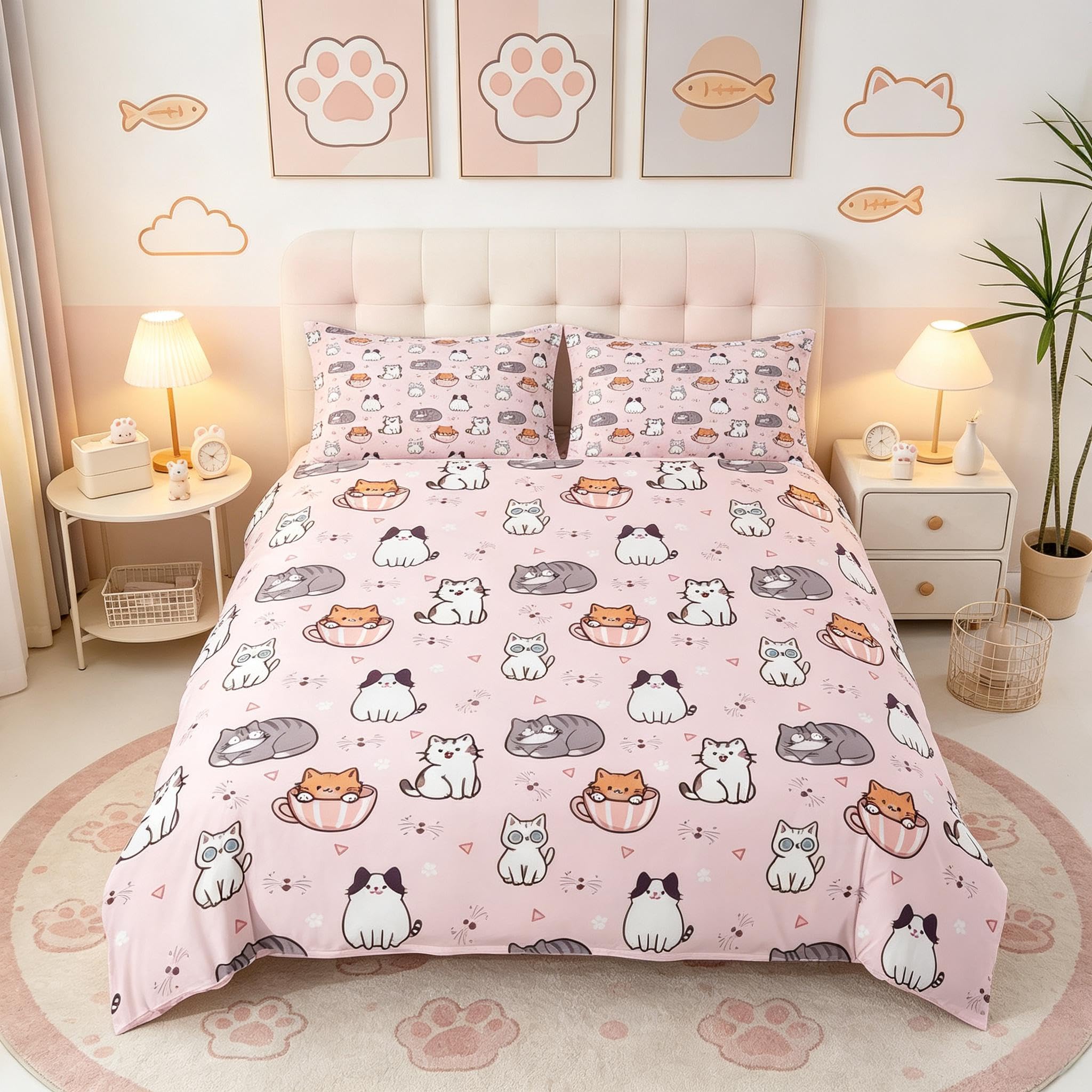 Loussiesd Cute Cat Duvet Cover Junior/Cot Bed Size Cartoon Animal Bedding Set Breathable Soft Cute Kitty Bedspread 2Pcs Kawaii Bedroom Decor Microfiber Zipper Closure