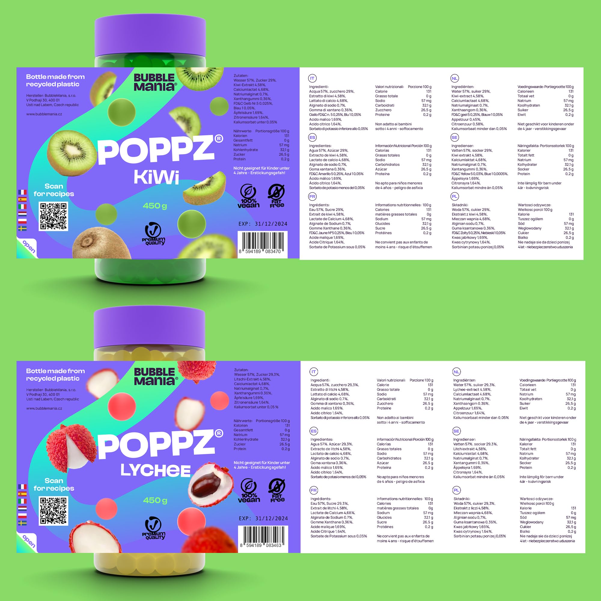 BubbleMania Set de Bubble Tea Boba Popping Perlas de Tapioca 4 Paquete Maracuyá Lichi Kiwi Sandía