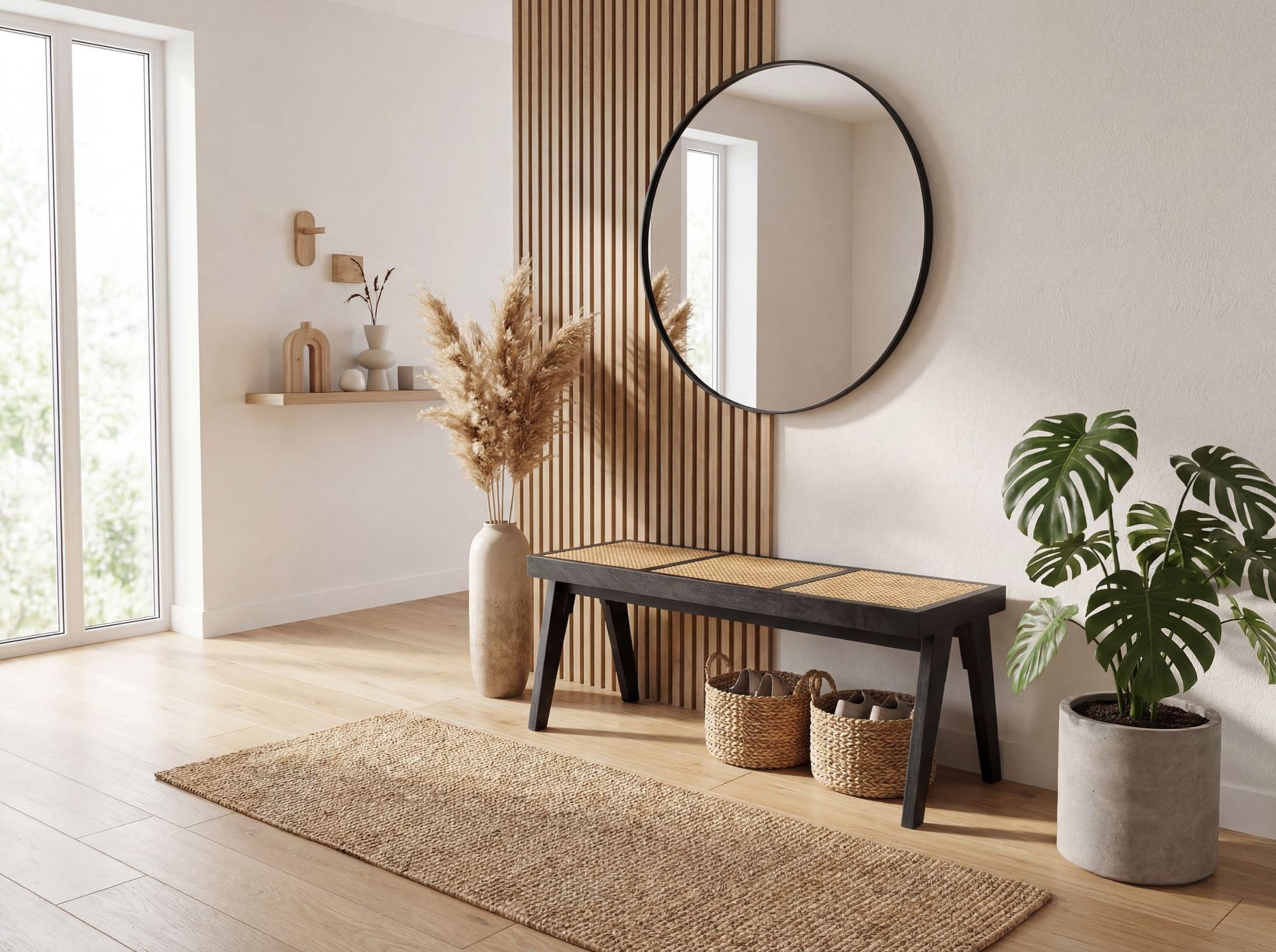 FineBuy Sitzbank Rattan Akazie Massivholz 120cm Schwarz - Design Holzbank Wiener Geflecht - Bettbank Flurbank Retro - Esszimmerbank Bank Handmade