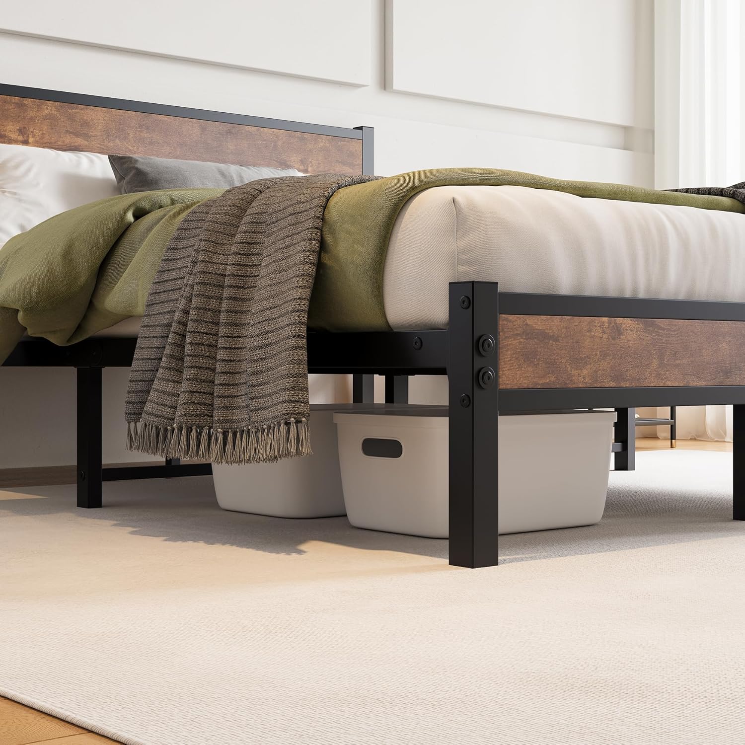 DUMEE Queen Bed Frame with Wood Headboard and Footboard, Metal Bed Frame Queen Size Under Bed Storage, No Box Spring Needed, Enhanced Support Noise Free (Black+Brown Oak) - Image 6