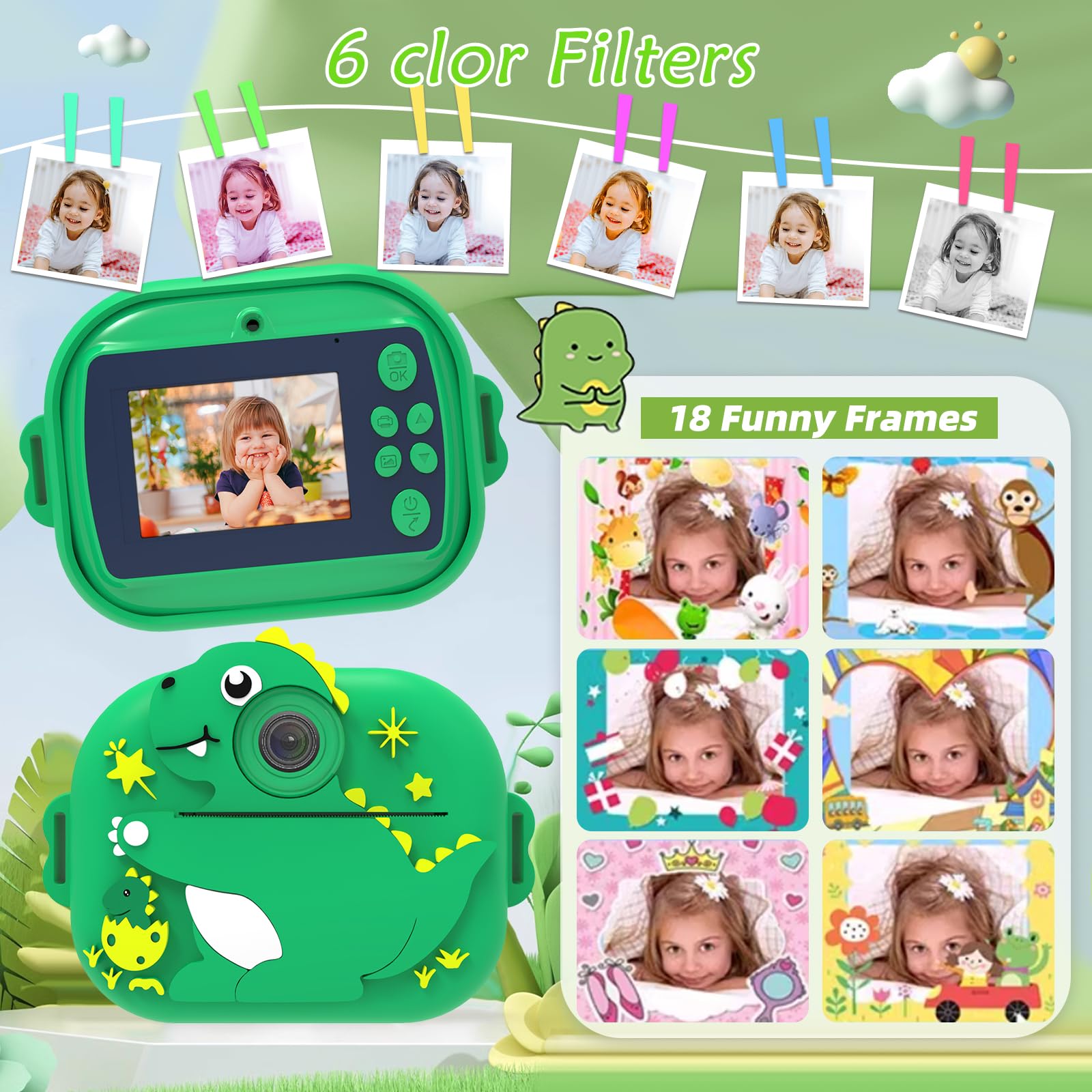 Kinderkamera Sofortbildkamera, 2,4 Zoll Display Digitalkamera für Kinder mit Druckpapier & 32G TF Karte, 1080P HD VideoKamera mit farbigen Stiften, Geschenk für Kinder 3-12Jahr