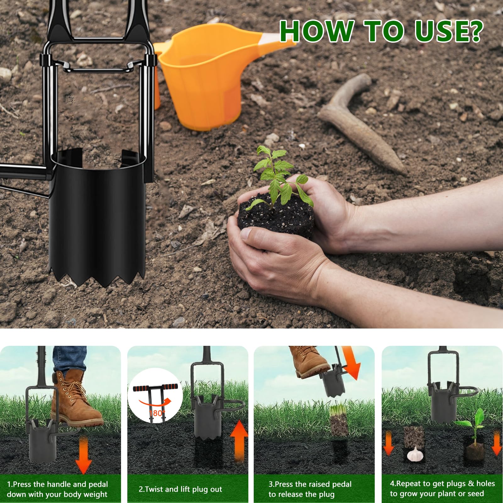 Planteur de Bulbes de 95 cm avec Gants, Profondeur de 11.9 cm, Aide à la Plantation avec Bord en Dents de Scie, Aérateur d'ampoule pour Tulipes, Jonquilles, Oignons, Pommes de Terre, Tomates