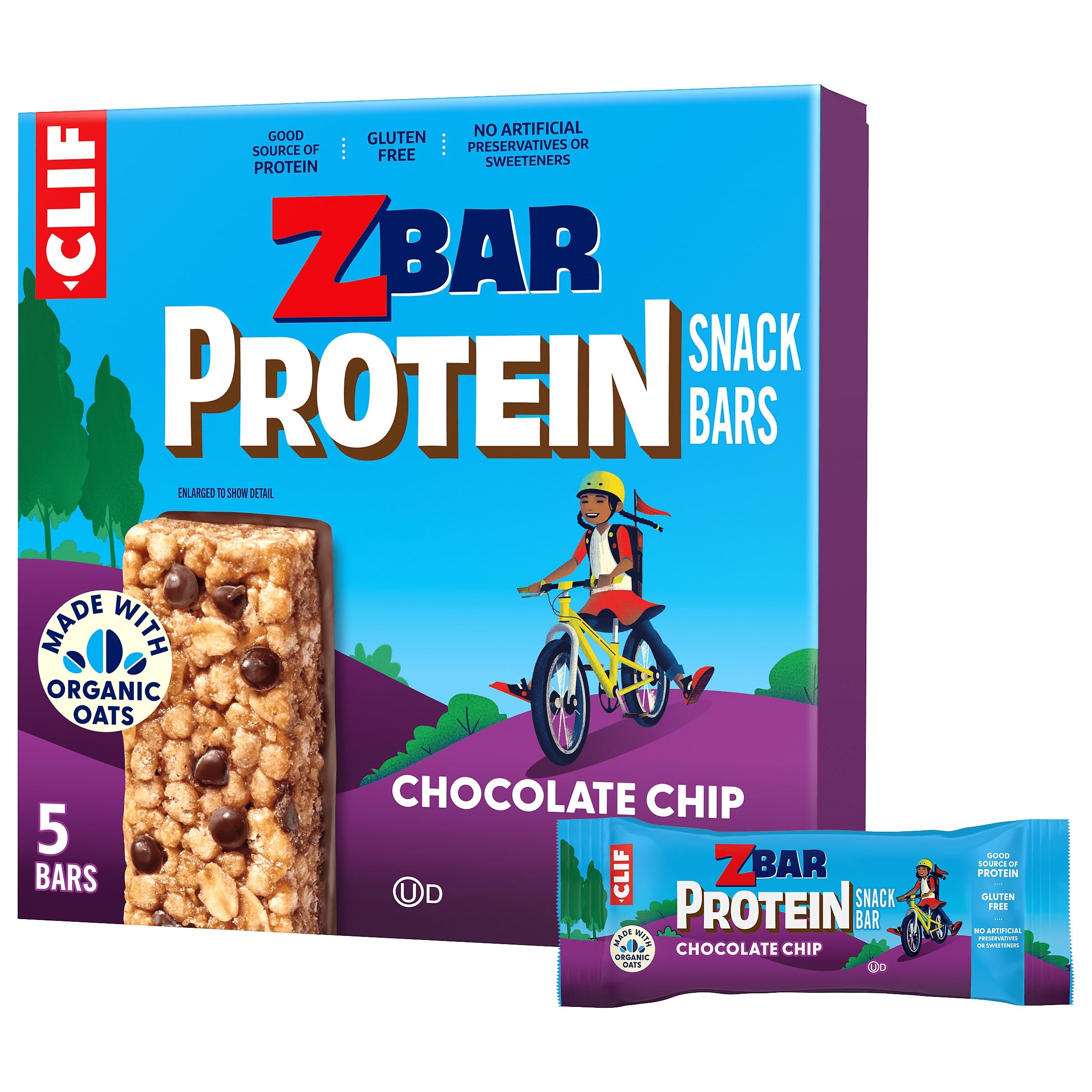 Zbar Protein - Chocolate Chip - Crispy Snack Bars - Made with Organic Oats - Non-GMO - 5g Protein - Gluten Free Protein Bars (5 Pack)