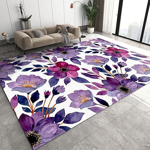 Miniatura 3 de Alfombra de área de flores simples moradas, retro, clásica, para interiores, dormitorio, duradera, moderna, lavable a máquina, cálida, adecuada para