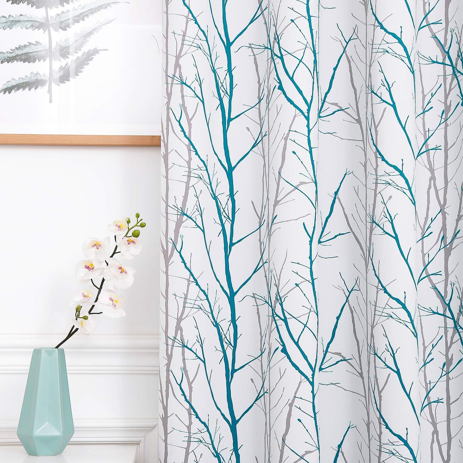 REEPOW Teal and Grey Blackout Curtains for Kitchen, Tree Branches Print Thermal Insulated Room Darkening Drapes with Grommet Top - 52"x63"