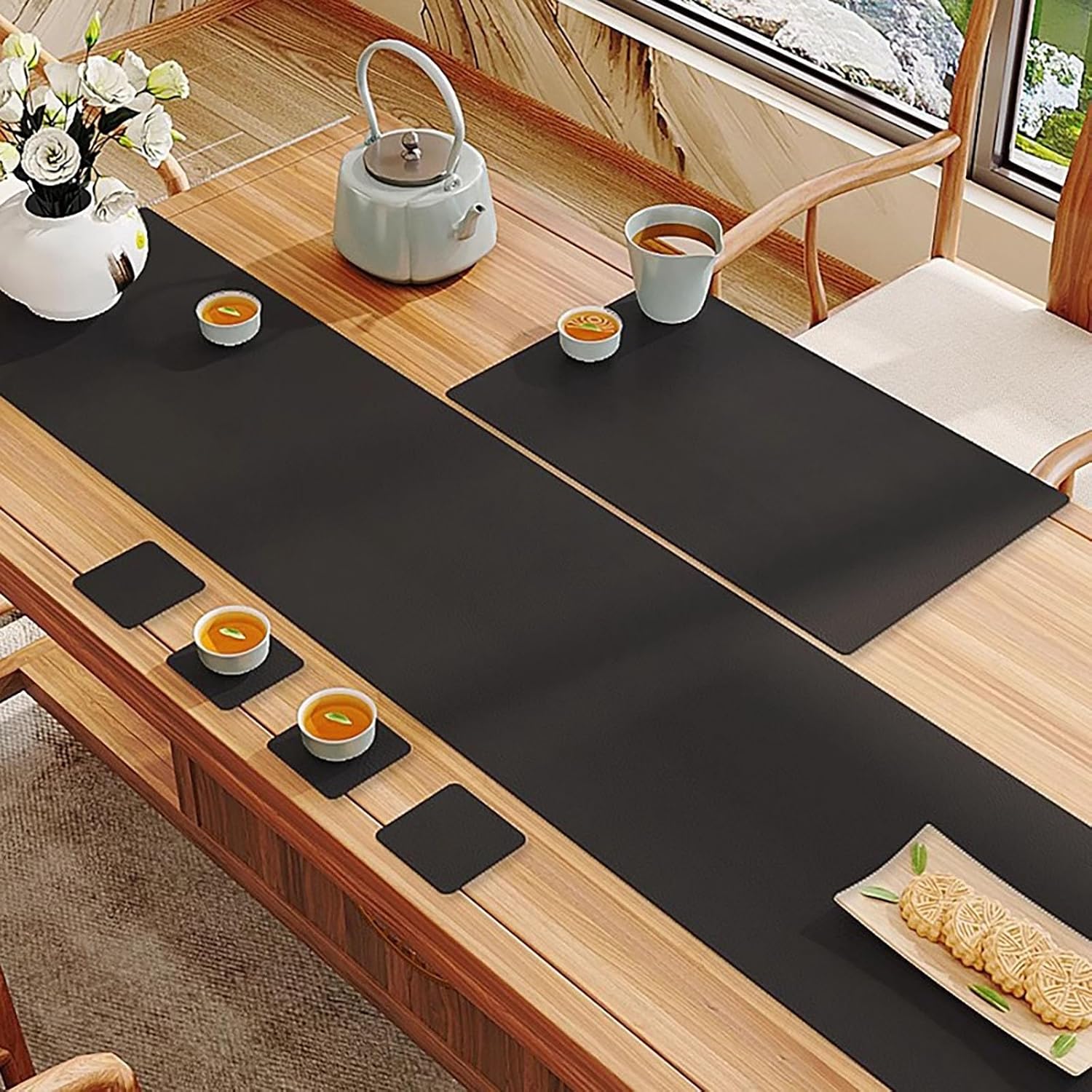 Table Runner,Seasonal Autumn Kitchen Dining Table Decoration,Does not curl, and has Been Cleaned with a Leather-Textured Surface,for Dresser, Dining, Holiday.(Black,11.8*86.6in)