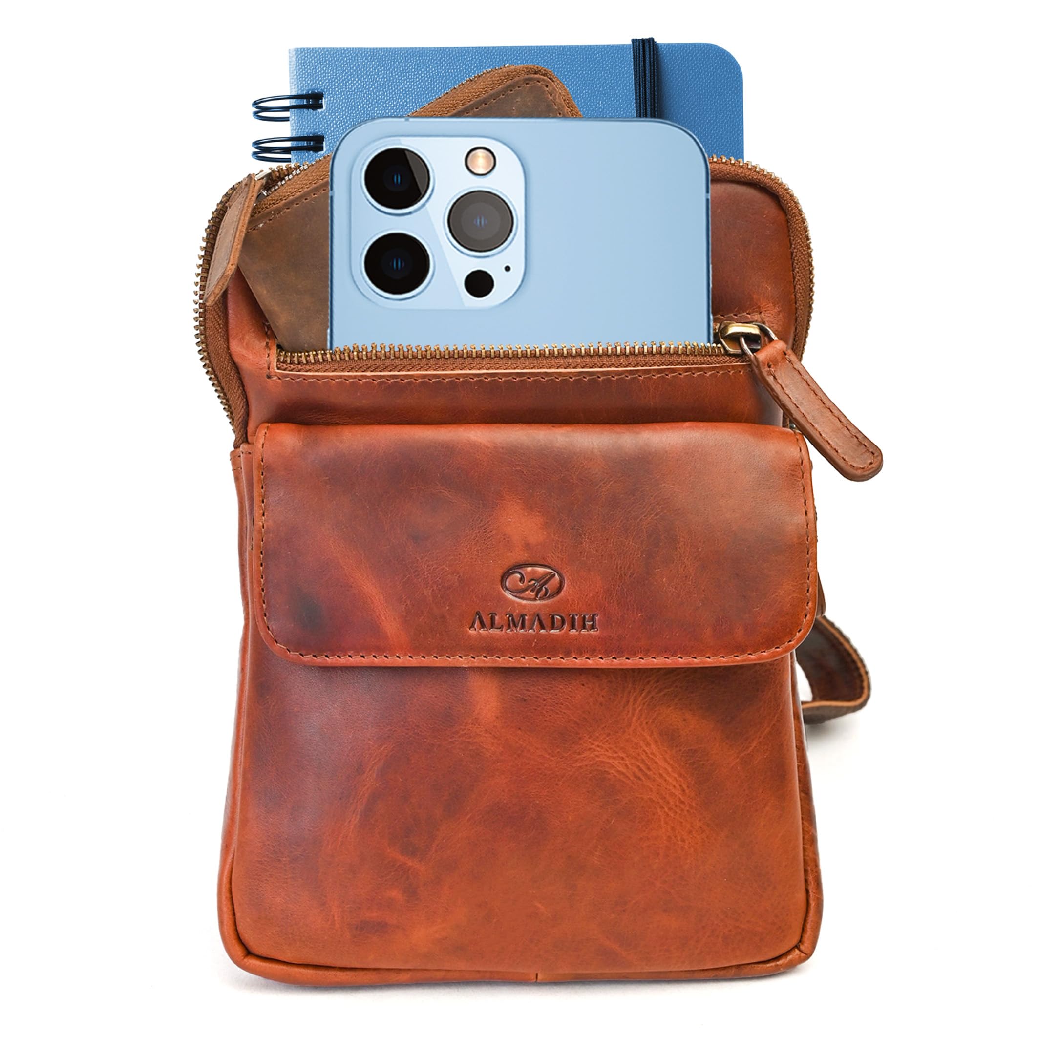 ALMADIH moderne kleine Leder Umhängetasche Herren für Tablet & iPad – RICK braun Vintage - Kompakte Ledertasche für Reisen & Alltag Messenger Schultertasche Freizeittasche Tablet Herrentasche