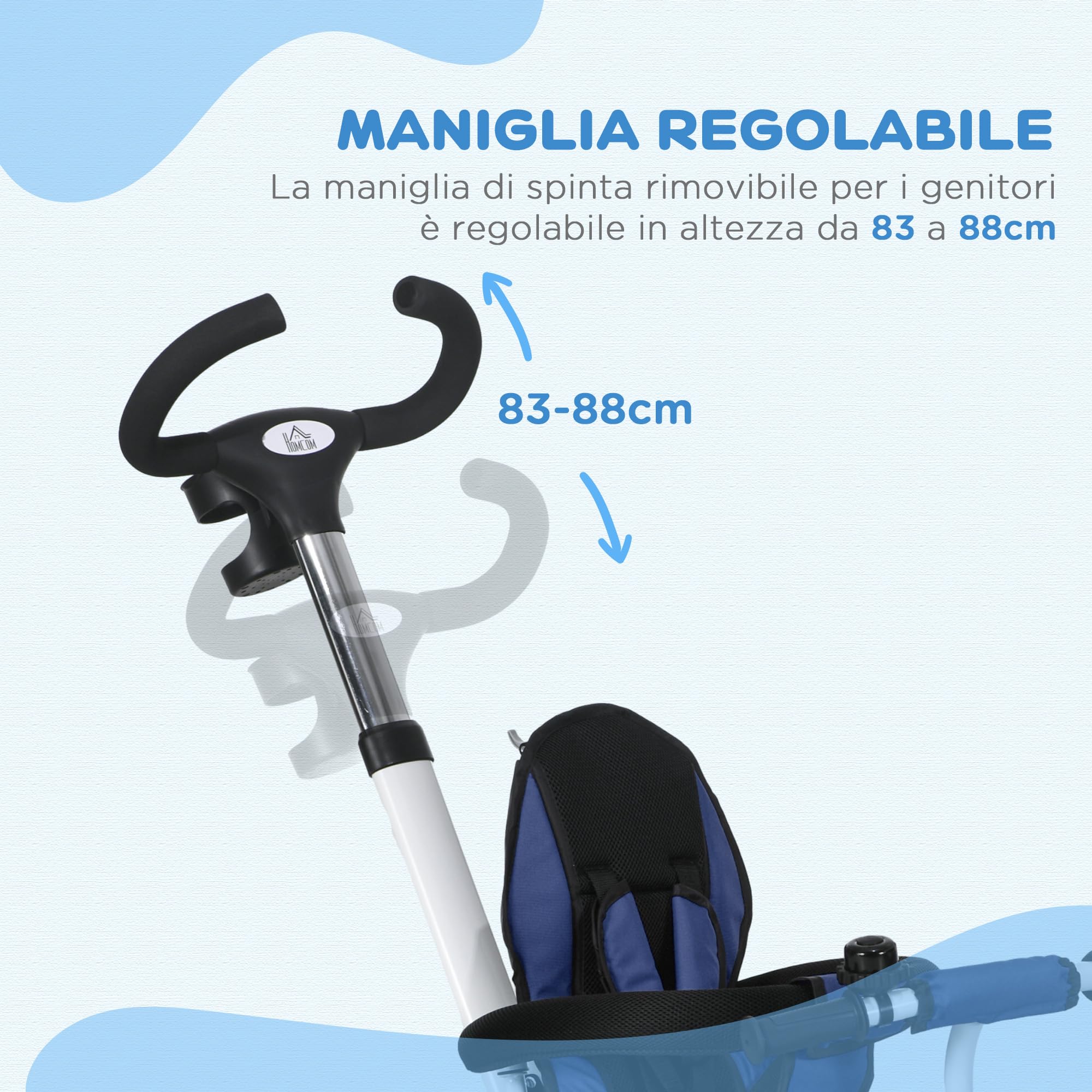 HOMCOM Triciclo per Bambini con Maniglione Multiuso, Parasole, Blu Scuro | Passeggino per Bambini, Parasole Regolabile, Cintura di Sicurezza e Cestino