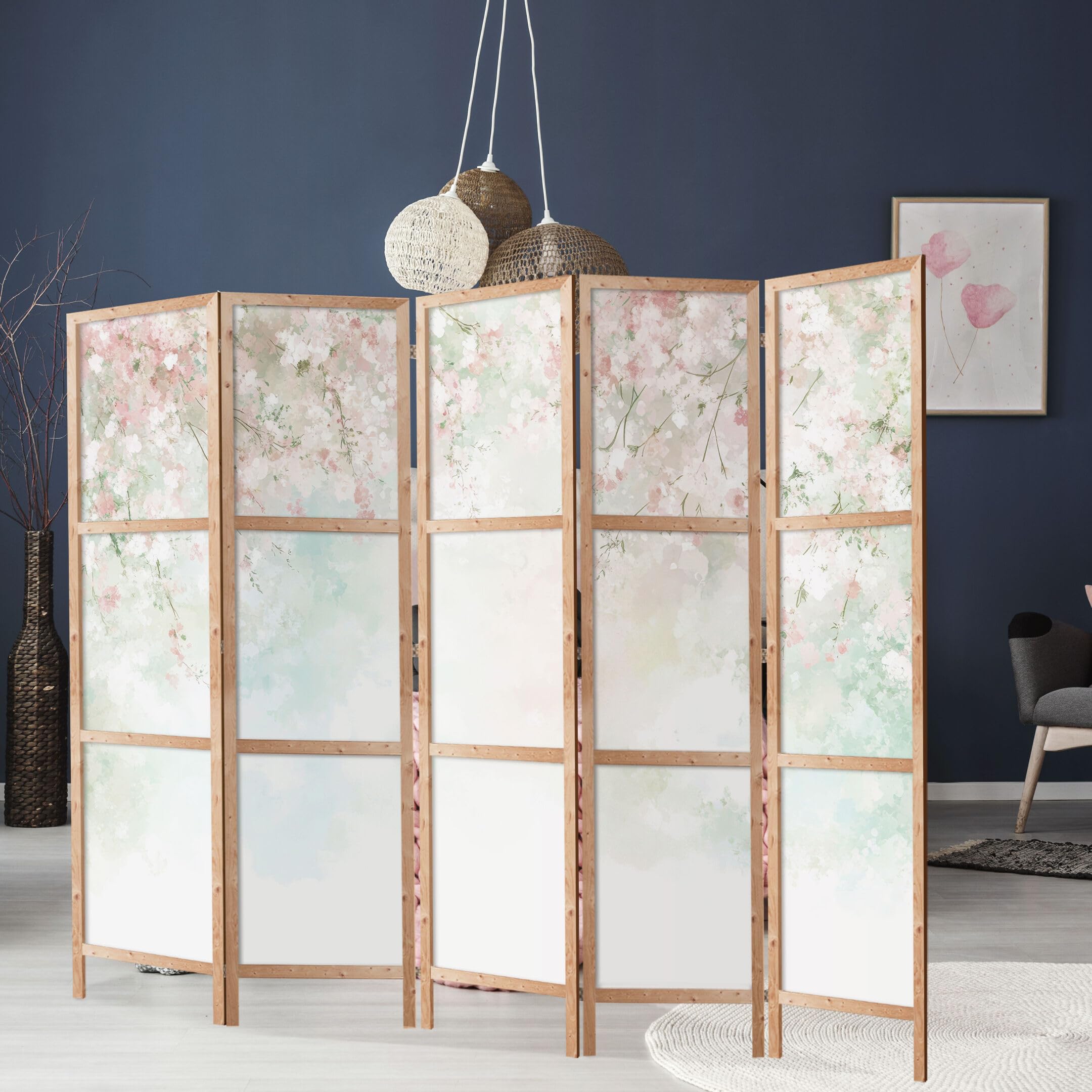 Biombo Separador de Ambientes Unilateral - en Estilo Japonés - Biombos Separadores de 5 Paneles - Biombos Decorativos para Divisor Ambientes - Motivo Flores - 225x172 cm