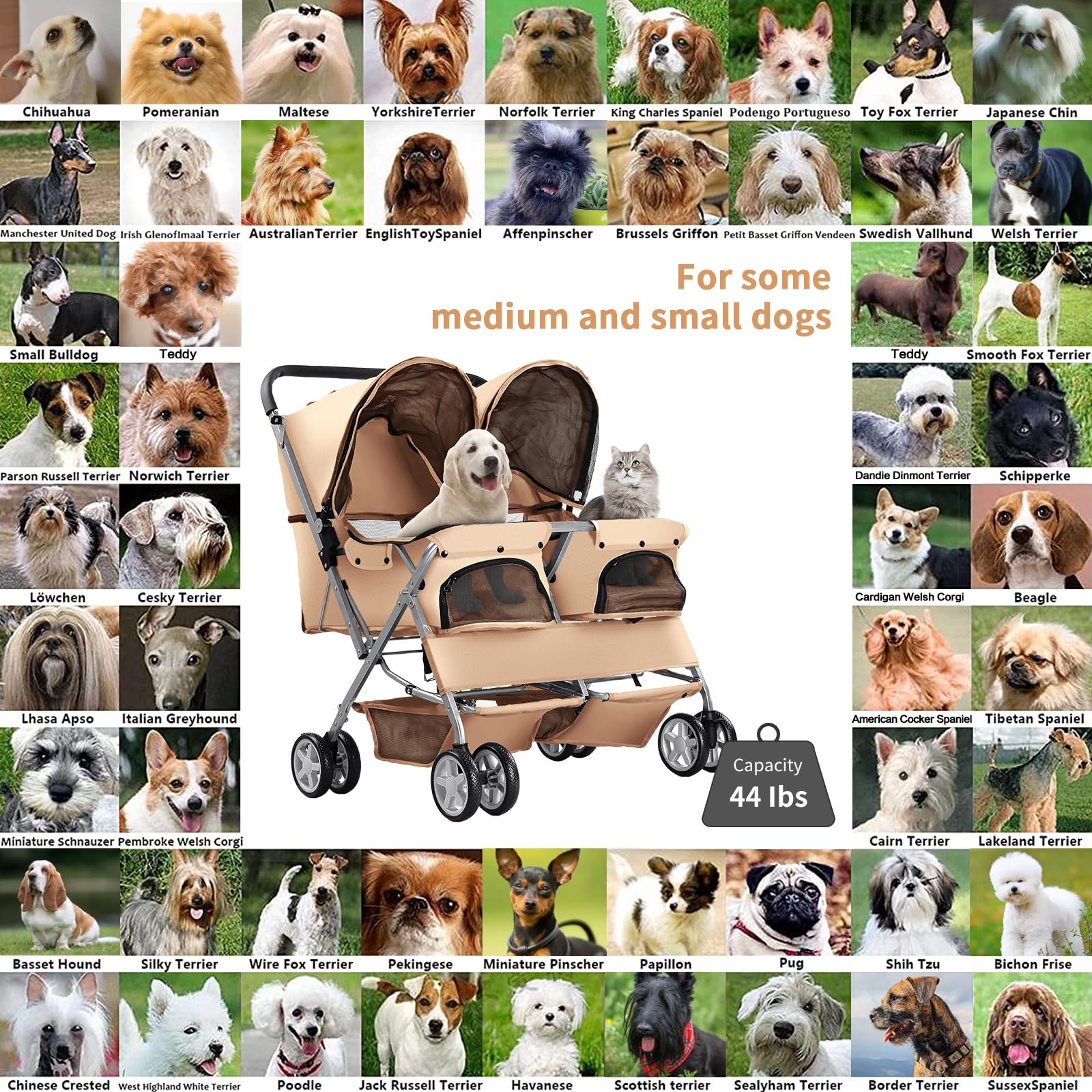 Hundewagen, Doppel-Haustier-Kinderwagen, faltbarer Kinderwagen für 2 Hunde und Katzen, Zweisitzer-Tragetasche, Twin Dog Walk Jogger, Reise-Haustierwagen mit Stauraum, Beige