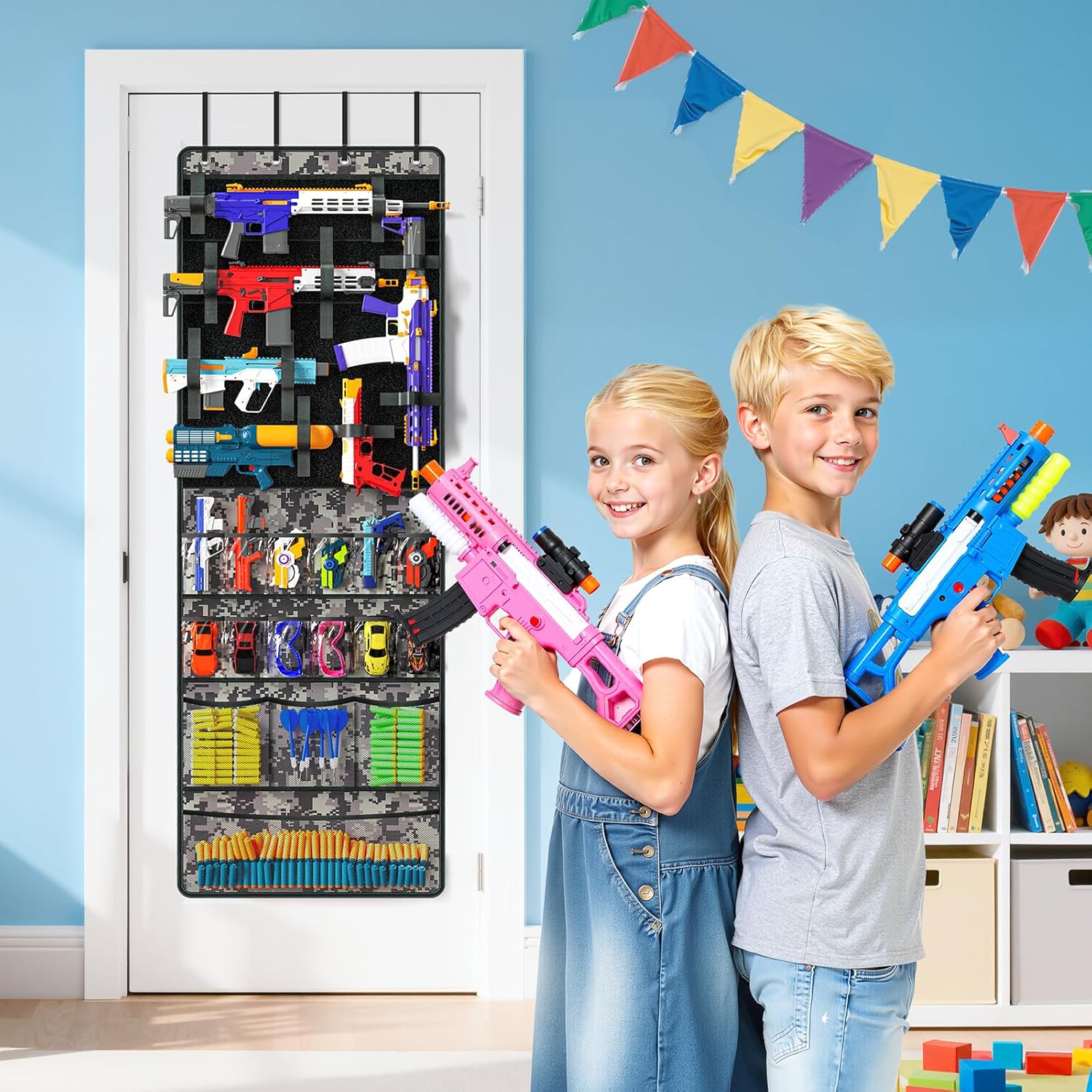 Over The Door Organizer for Toy Guns, Toys Organizer with Pockets, Hook&Loop Straps for Foam Blasters, Darts, Goggles, Hanging Toys Gun Storage for Kid Rooms, Play rooms, Grey Camouflage