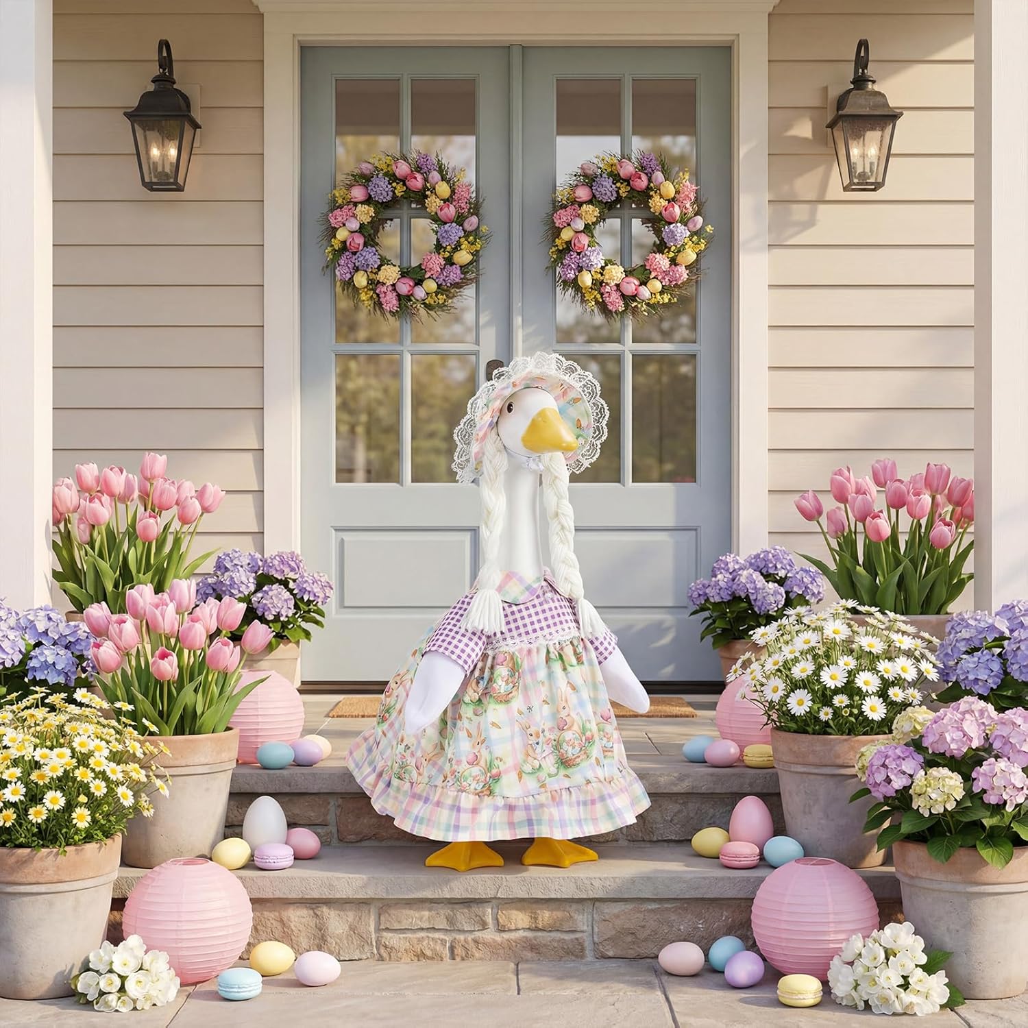 1 Set Easter Porch Goose Outfit with Bunny Eggs Carrot Hat and Dress Fits 23" Cement Plastic Goose Statue for Easter Holiday Outdoor Garden Yard Decor