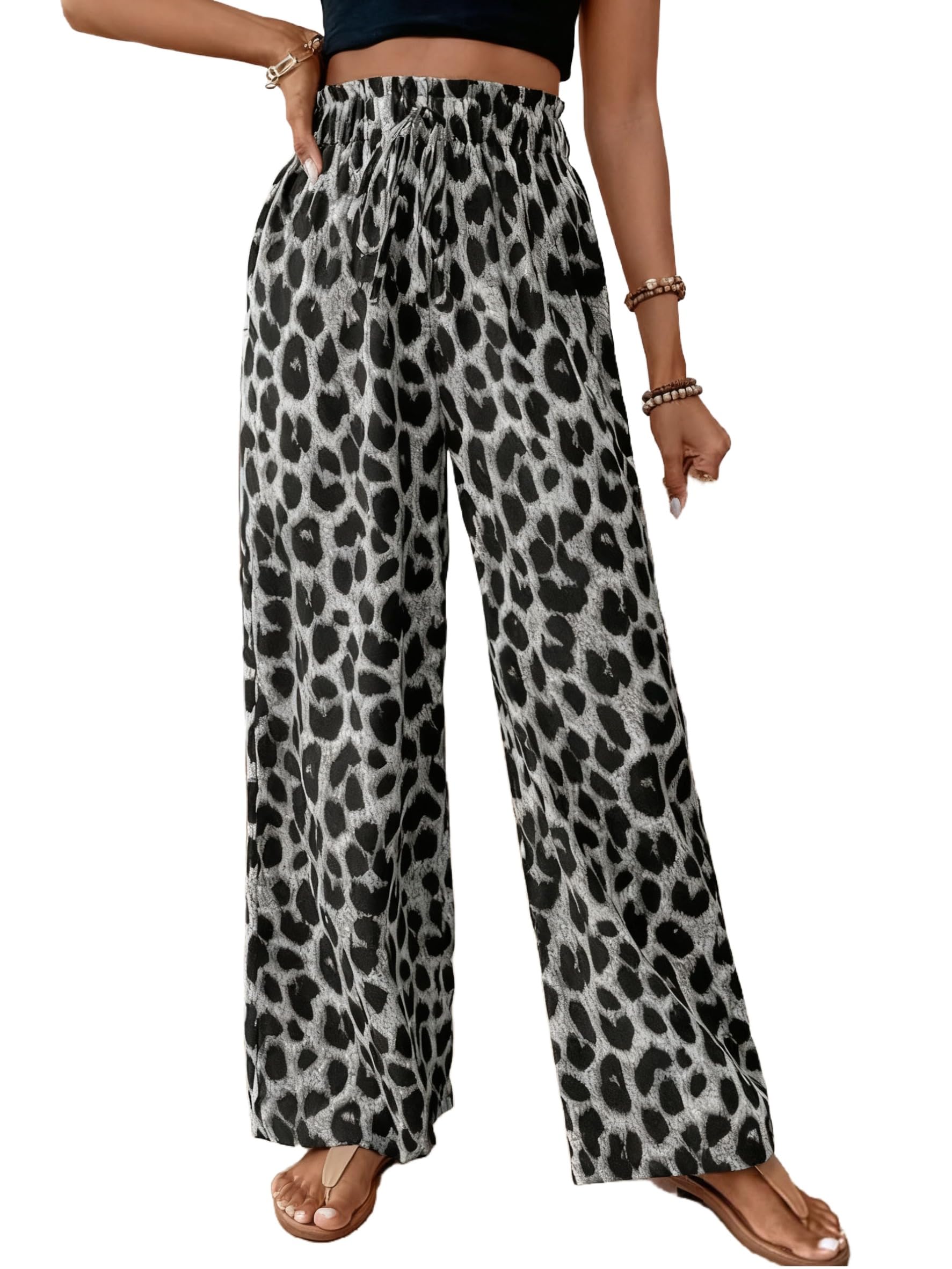 Womens Leopard Print Pants Cheetah Wide Leg Drawstring Casual Lightweight Pants for Beach Office Wear