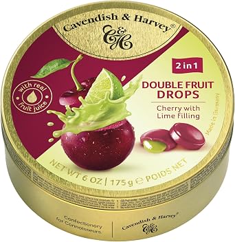Pack of 3 Cavendish & Harvey Cherry with Lime Filling Double Fruit Drops in Tin   Premium Travel Sweets with Real Fruit Juice, Hard-Boiled Candy Confectionery   Each H4 x 9.7cm Dia, 175g