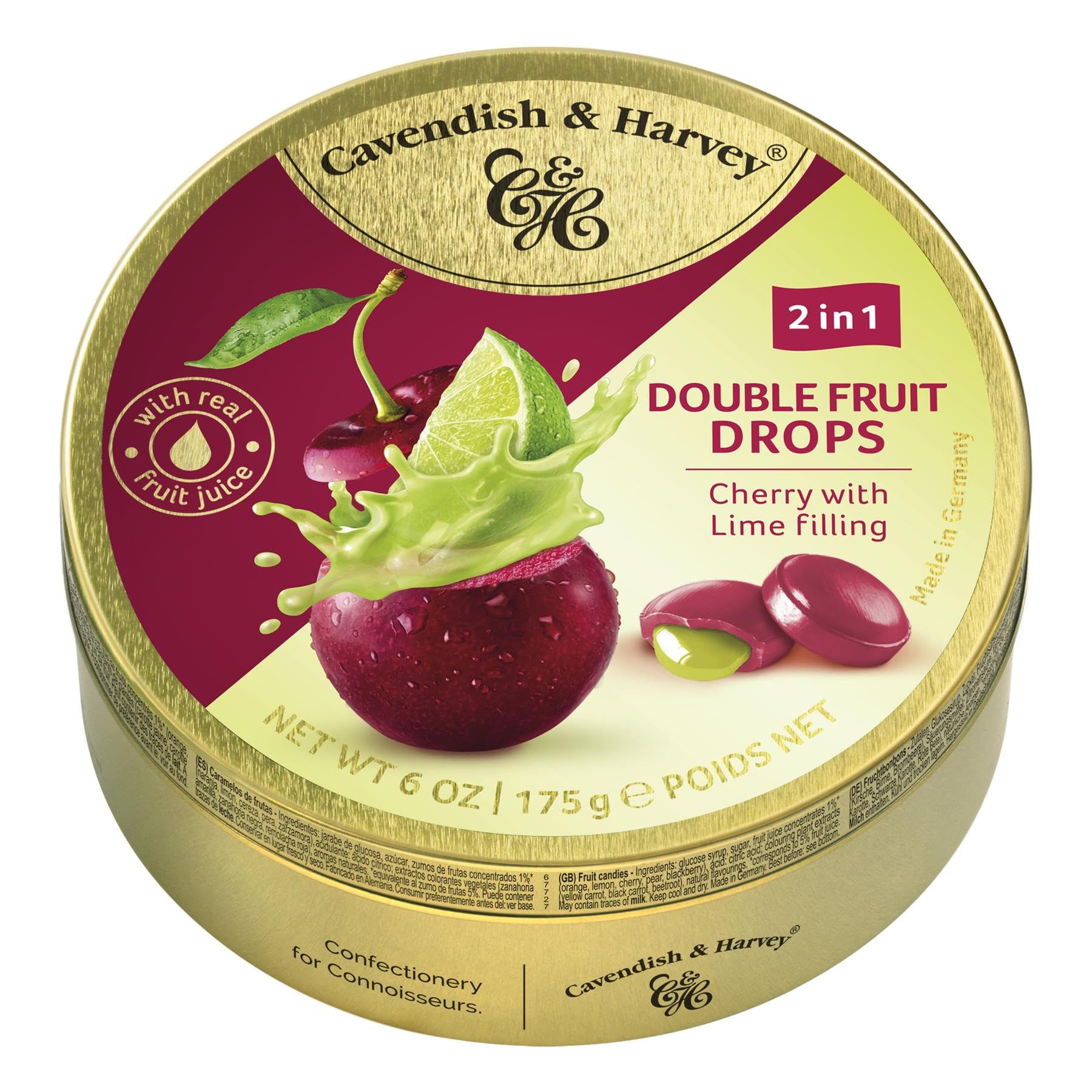 Pack of 3 Cavendish & Harvey Cherry with Lime Filling Double Fruit Drops in Tin – Premium Travel Sweets with Real Fruit Juice, Hard-Boiled Candy Confectionery – Each H4 x 9.7cm Dia, 175g