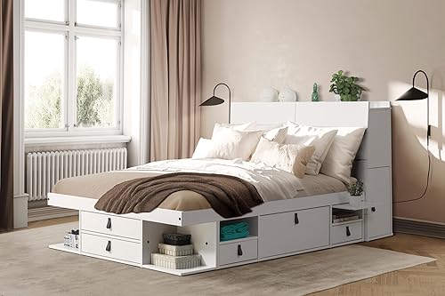 Miniatura 23 de memomad Bali - Cama de plataforma de almacenamiento con cajones (tamaño King, madera marrón caramelo) Caramelo,Roble,Blanco