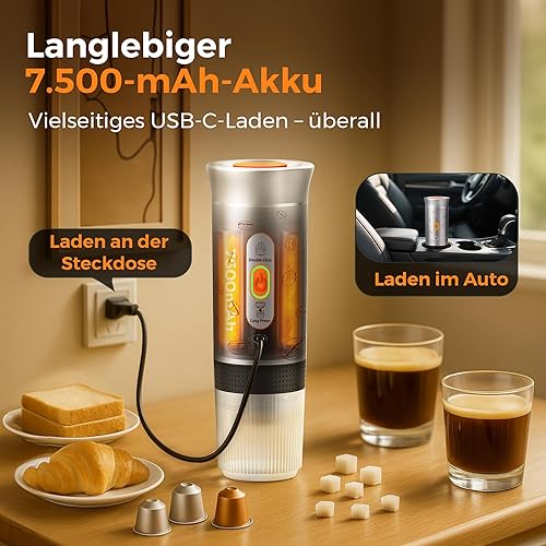 Miniatura 6 de Máquina de café espresso portátil, cafetera de viaje 3 en 1 con autocalentamiento, funciona con pilas, 20 bares, máquina de café espresso portátil