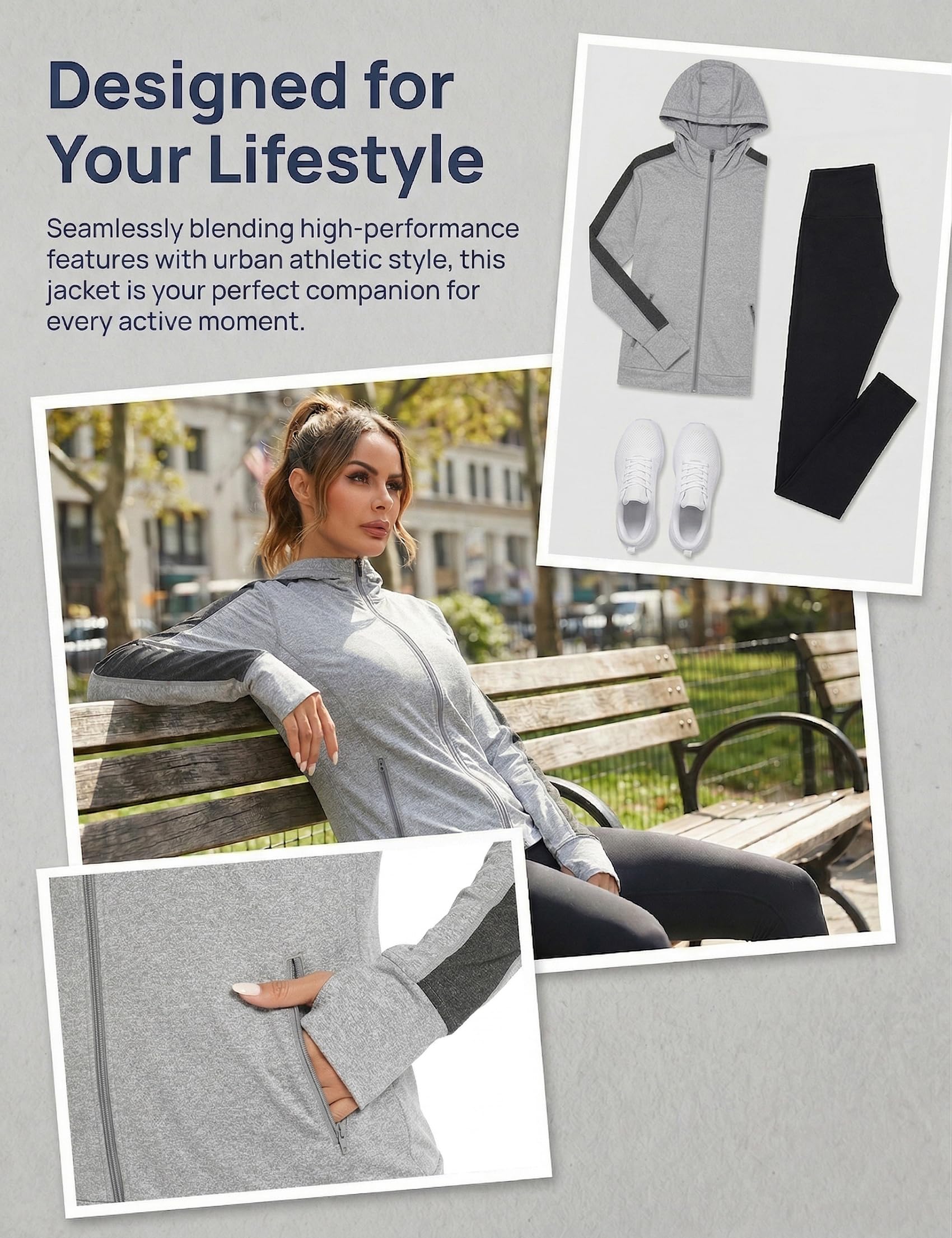 Damska kurtka do biegania, sportowa kurtka z długim rękawem, kurtka treningowa, bluza z kapturem, oddychająca, z otworem na kciuk i kieszenią, do biegania, jogi, fitnessu, szary, M