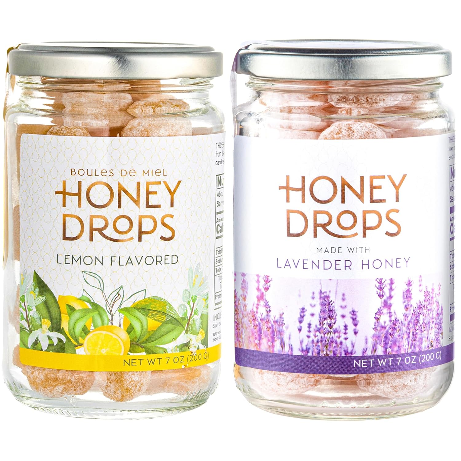 Gourmanity Honey Candy Drops Bundle, 7oz Jars | 1 Jar Lavender Honey Drops and 1 Jar Lemon Honey Drops | Delicious, Soothing Natural Honey Candy [2 x 7oz/200gr Jars]