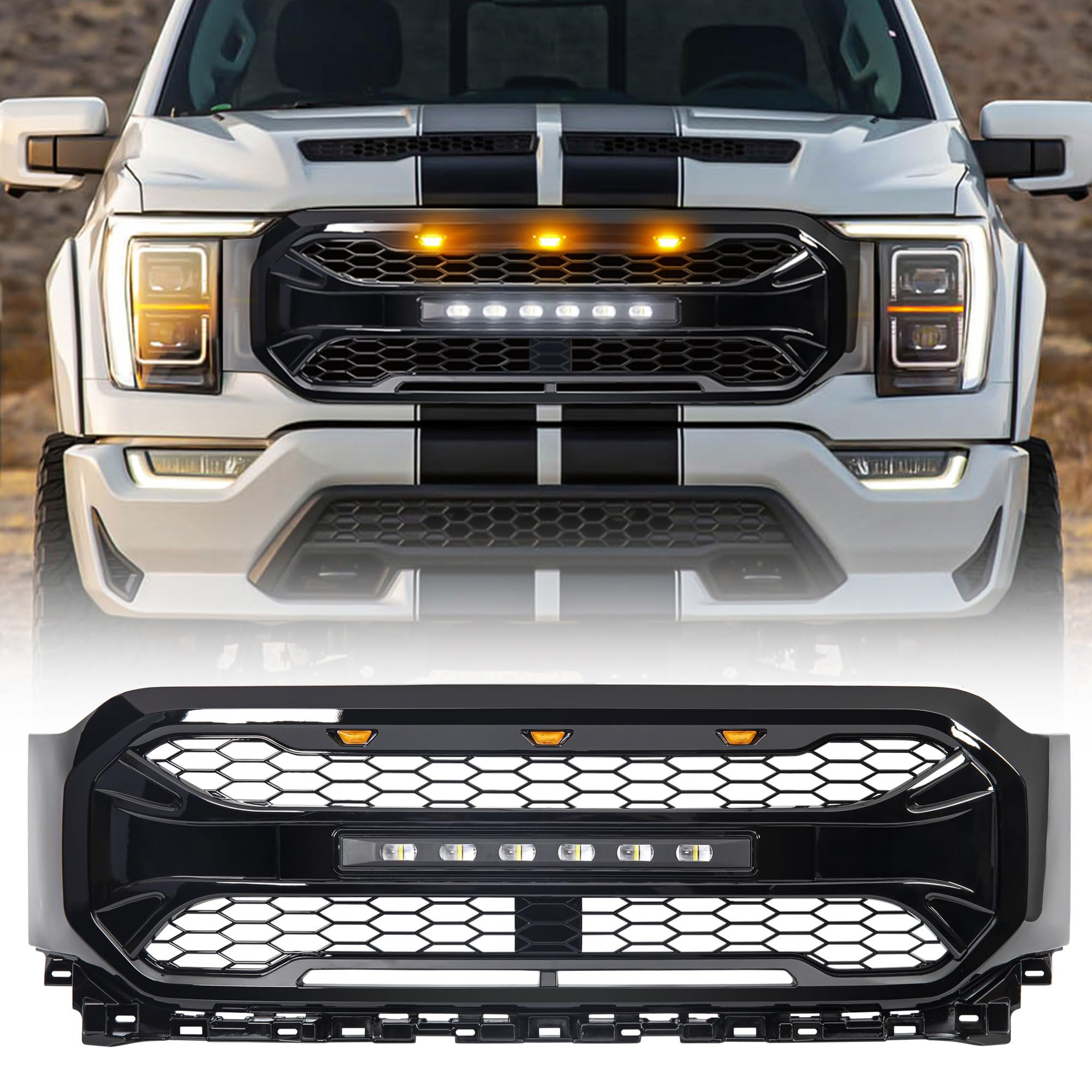 AM AMERICAN MODIFIED Aggressive Style Front Armor Grille with Off Road LED Lights Compatible with 2021 to 2023 Ford F150, Glossy Black