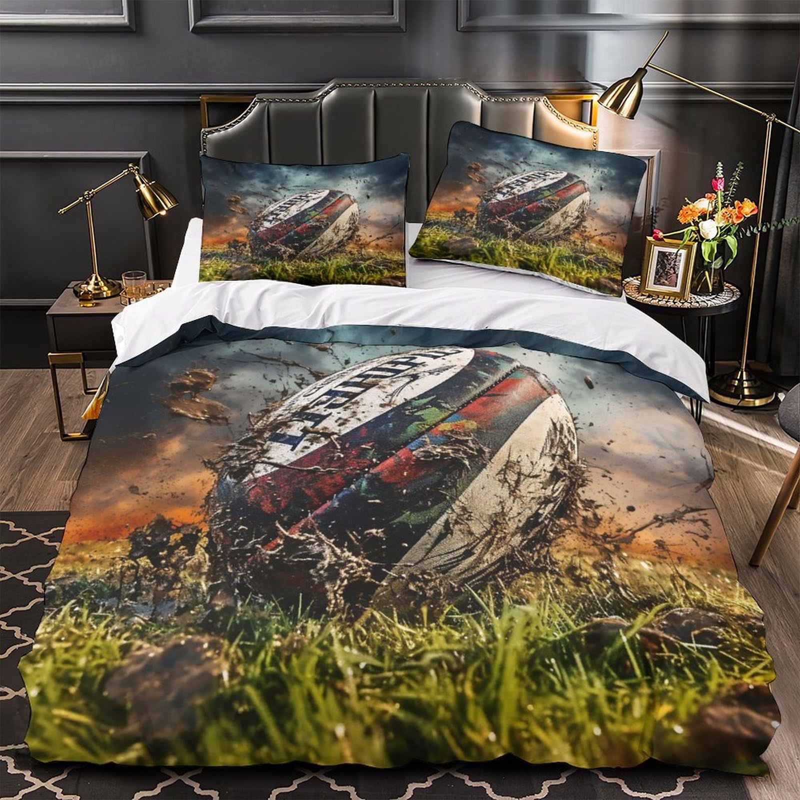 Housse de couette rugby microfibre respirante et super douce 3 pièces lit king 220x240