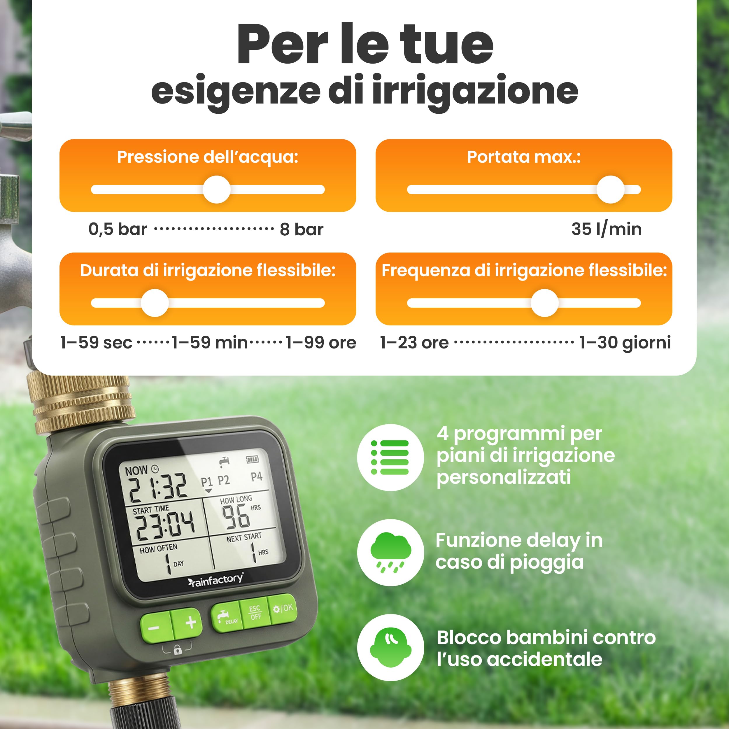 rainfactory - timer irrigazione automatico 1 via, centralina irrigazione a batteria IP65 con display LCD, 4 programmi, manuale, delay pioggia, raccordo ¾" per giardino, balcone, vasi, goccia a goccia!