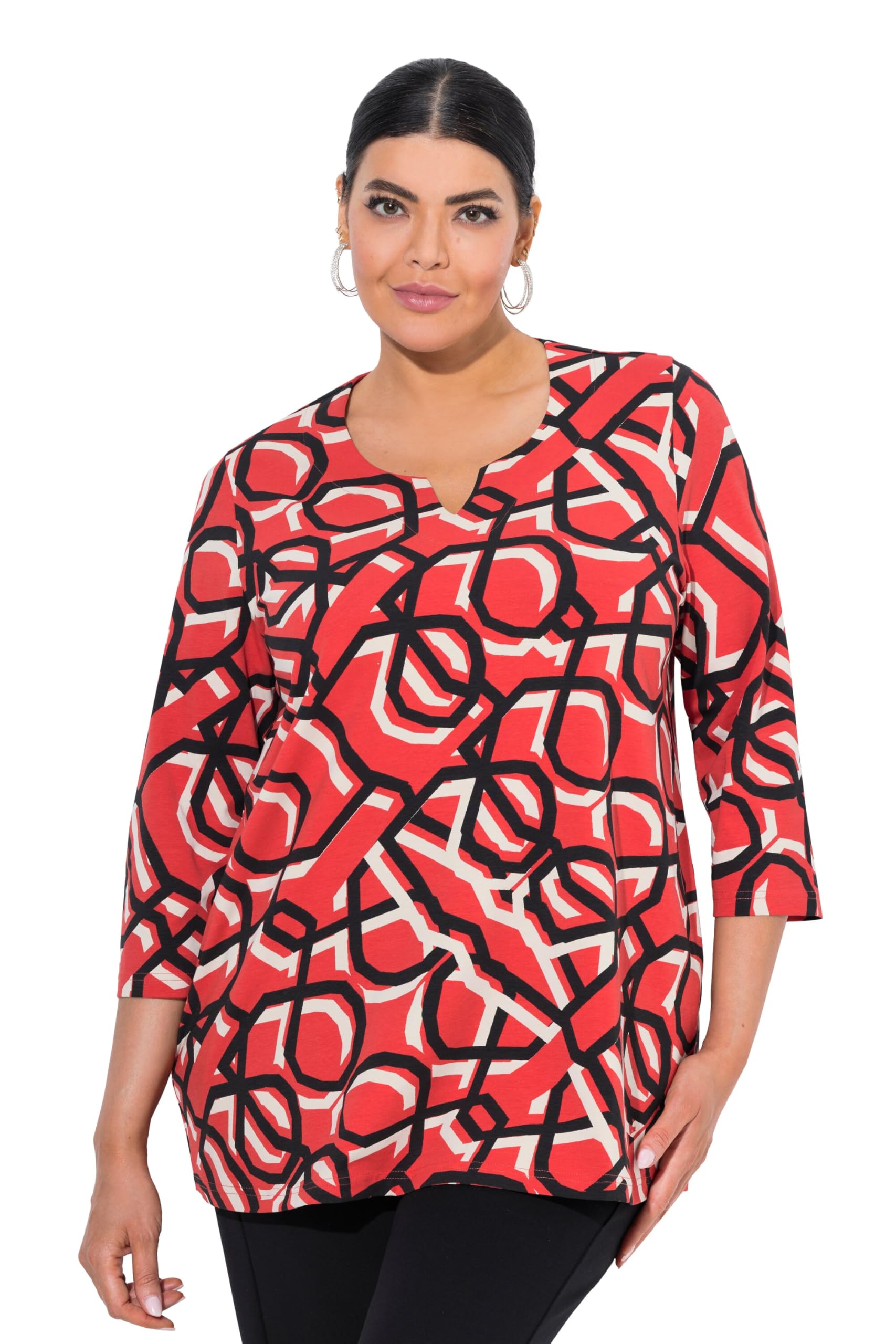 Ulla Popken Damen große Größen Übergrößen Plus Size Shirt, grafischer Druck, Tunika-Ausschnitt, 3/4-Arm 835082