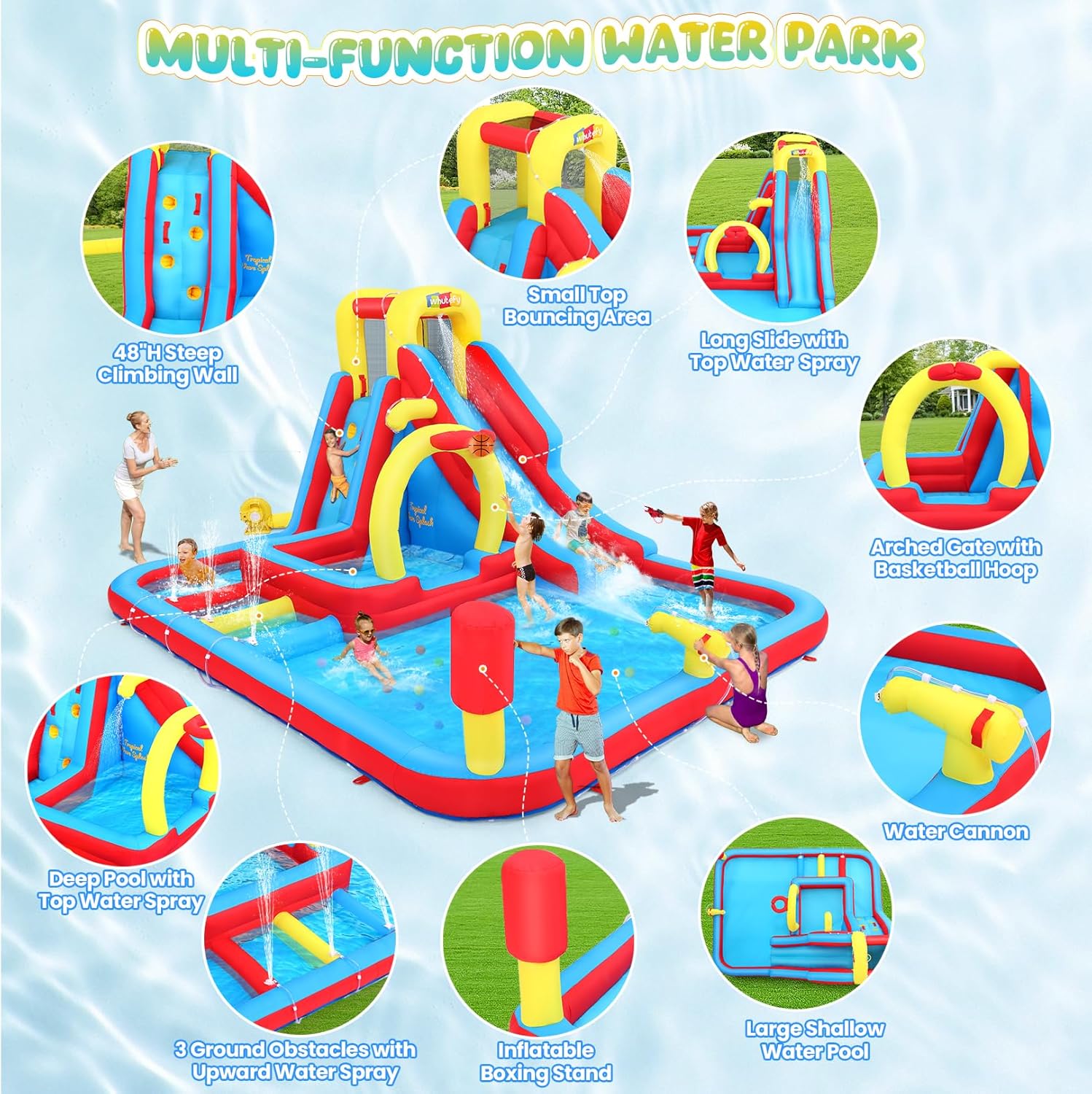 Whubefy Big Inflatable Water Slide for Kids Backyar 13.2x10FT Waterslide Bounce House Obstacle Course, 3 Pool Fountain, Splash Pool, Deep Pool Sprinkler, Blow Up Water Slides Park for Kids Party Gift